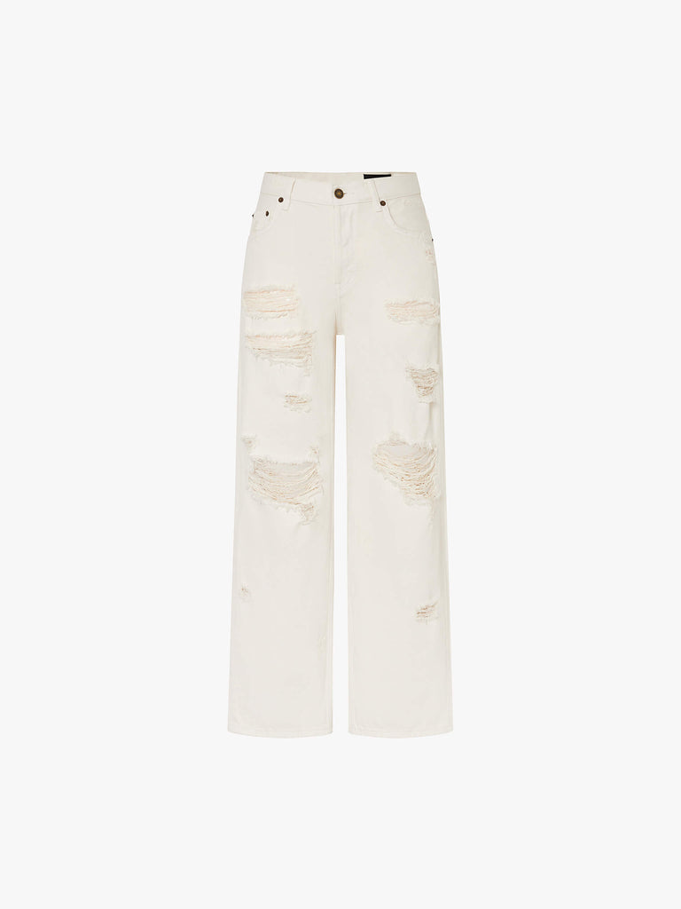 MO&Co. Noir Women's Destroyed Straight Leg Jeans. Crafted from soft Turkish cotton, these jeans feature a flattering mid-rise and straight leg silhouette.