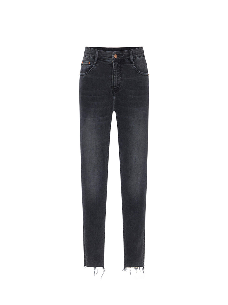 MO&Co. Women's High Waist Skinny Jeans with Raw Hem in Washed Black