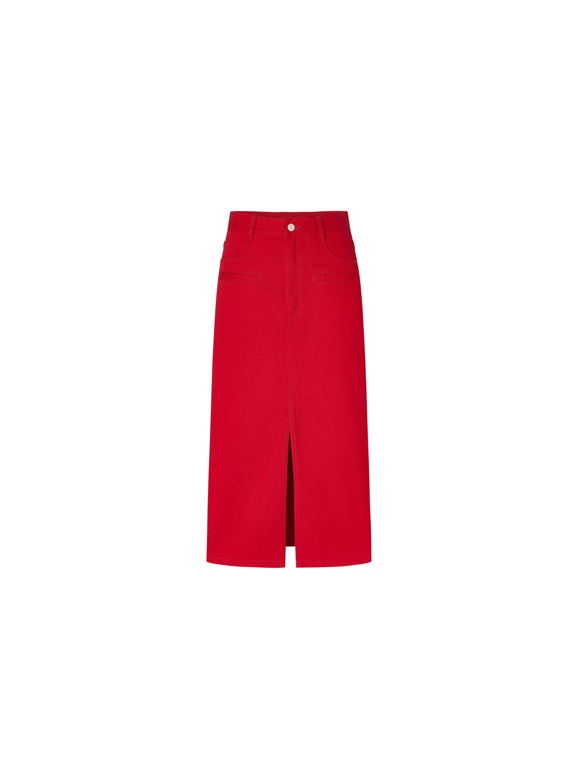 MO&Co. Women's Red Straight Cut Front Slit Cotton Denim Skirt in Midi