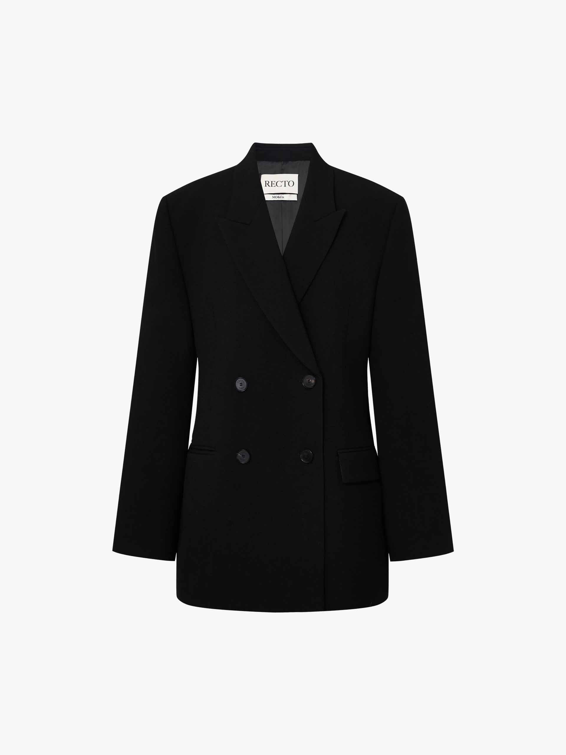 MO&Co. RETCO collection Women's Double Breasted Structured Wool Blazer in Black