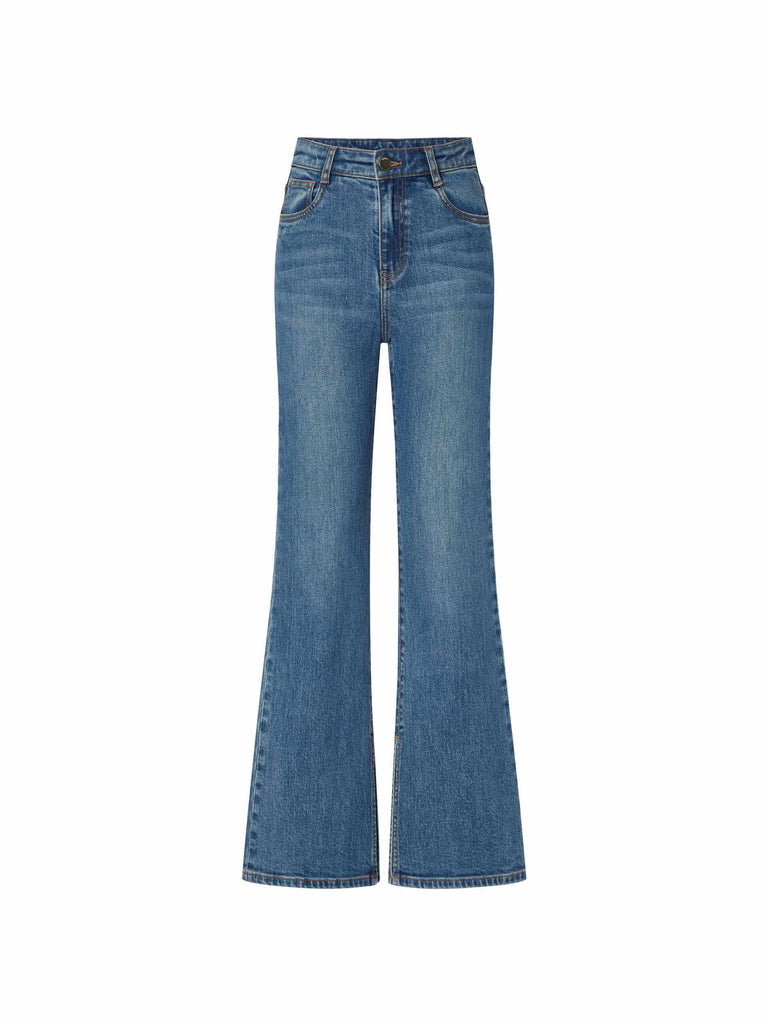 MO&Co. Women's Blue High-rise Whiskered Flared Jeans