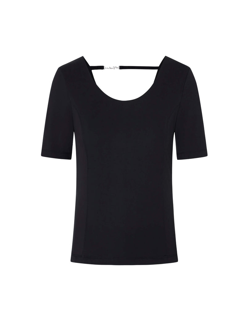 MO&Co. Women's Black Deep Back Stretch Fitted Pullover is crafted from a soft, elastic material and designed for a custom fit. This T-shirt stretches to fit your body while maximizing comfort. Detailing includes an open U-neck back with strap accents.
