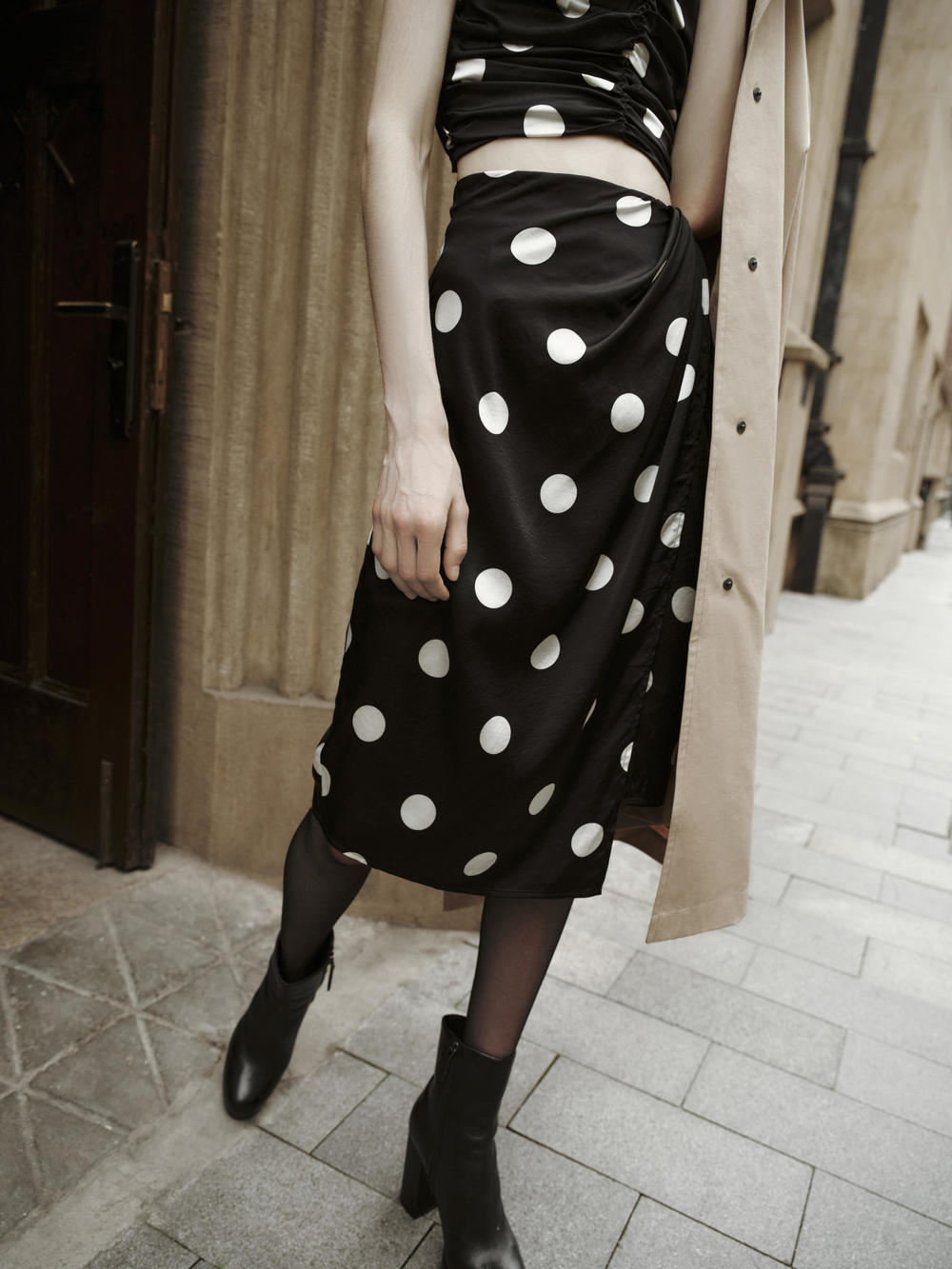 MO&Co. Women's Silk Blend Polka Dot Slit Midi Skirt