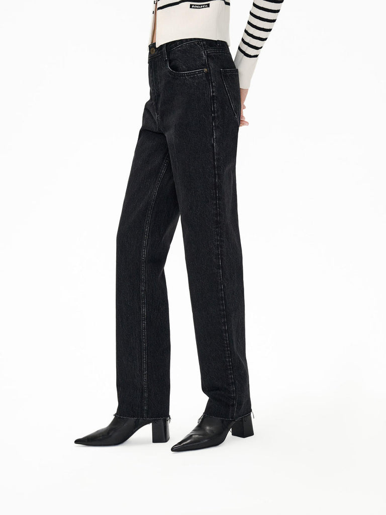 MO&Co. Women's Raw Edge Cotton Tapered Jeans in Washed Black