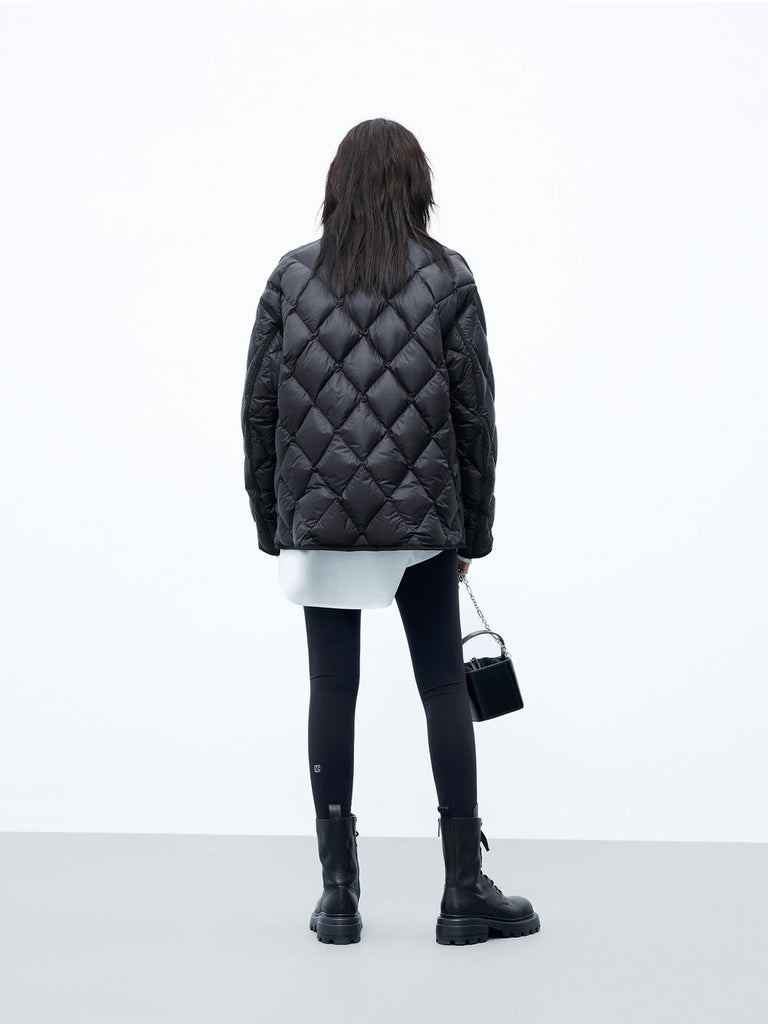 MO&Co. Women's Collarless Tie Detail Lightweight Quilted Down Jacket in Black