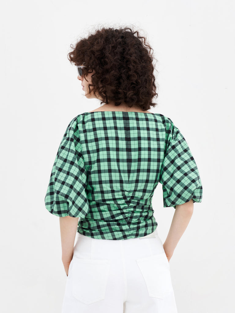 V-Neck Ruched Checkered Top MO&Co.