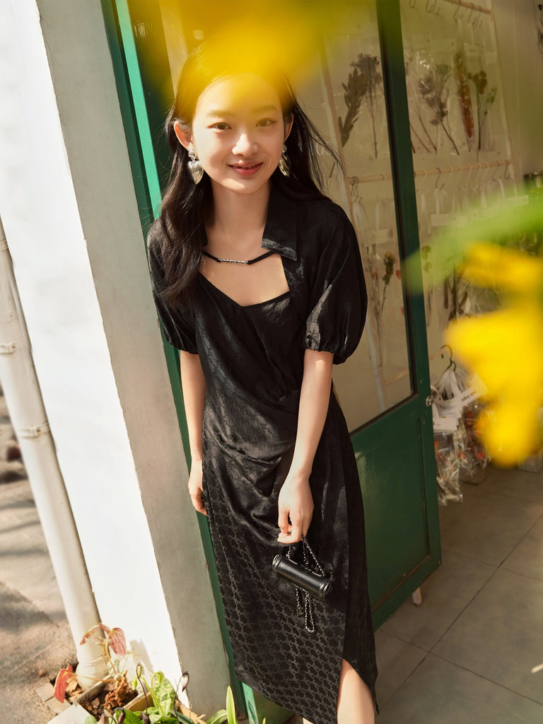 MO&Co. Women's Checked Hem Midi Dress Loose Casual V Neck Summer Black