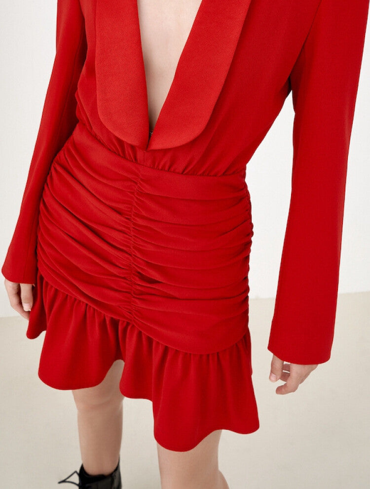 MO&Co. Women's V-neck Ruched Ruffle Dress Sexy Red Dress For Woman