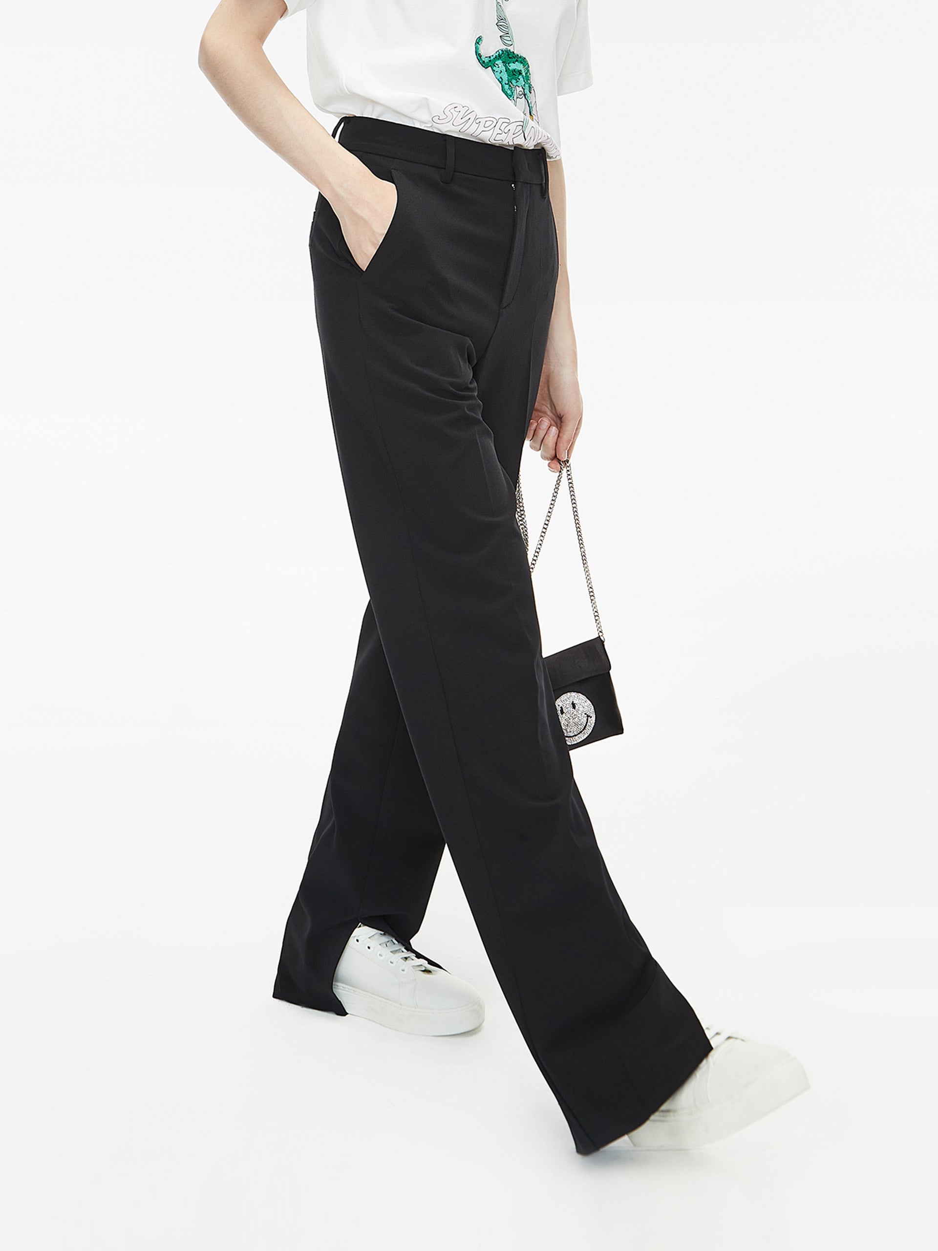 MO&Co. Women's Straight Side Slit Suit Pants Loose Casual Black Stylish