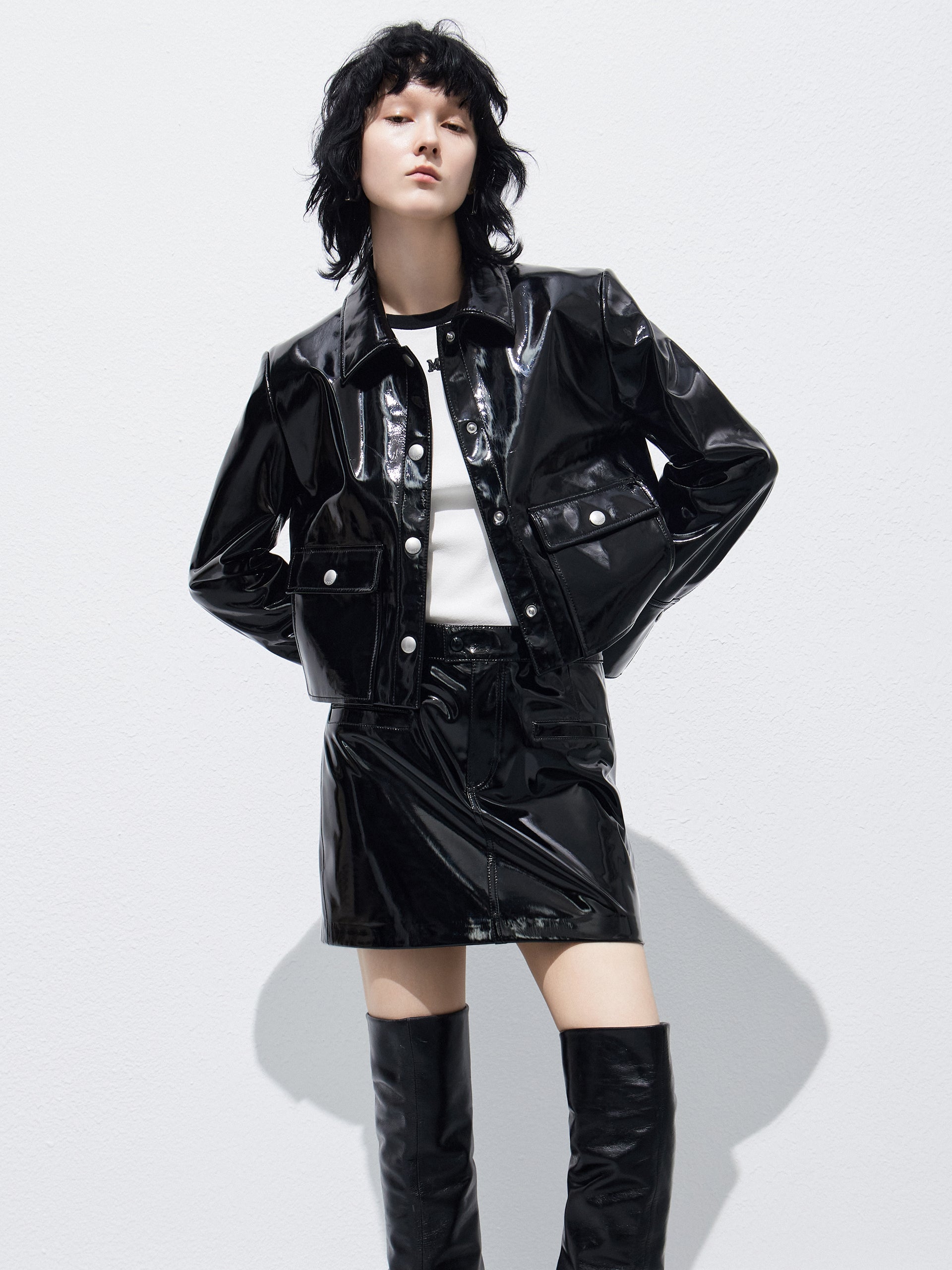 Faux Leather Glossy Black Boxy Jacket