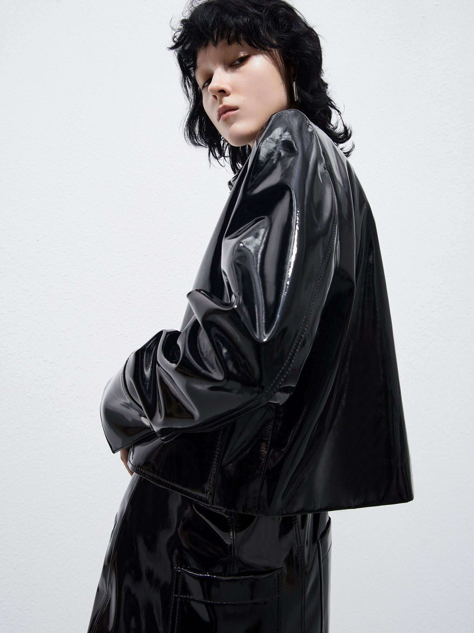 Faux Leather Glossy Black Boxy Jacket