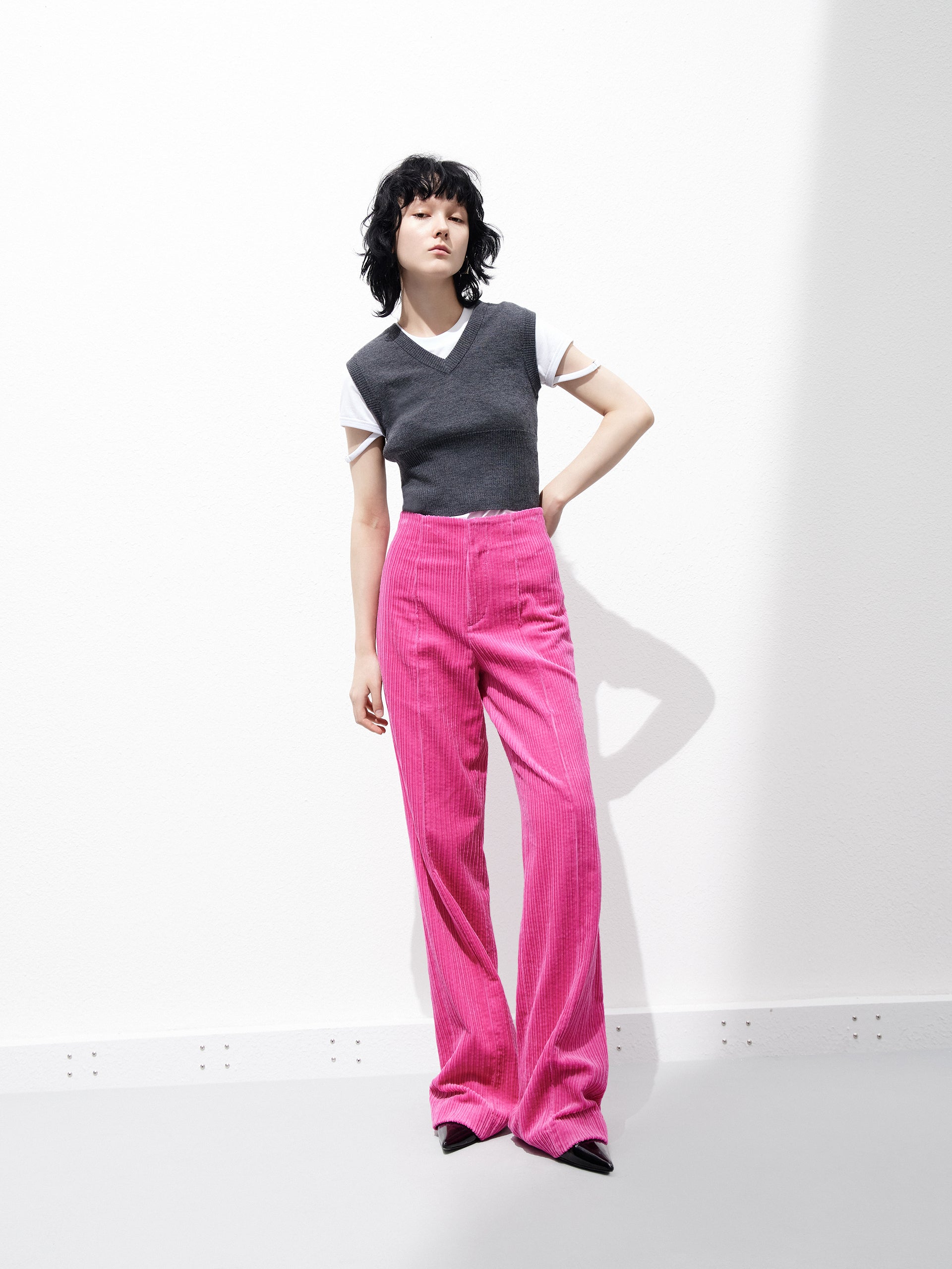 Pink Corduroy Wide-leg Straight Trousers