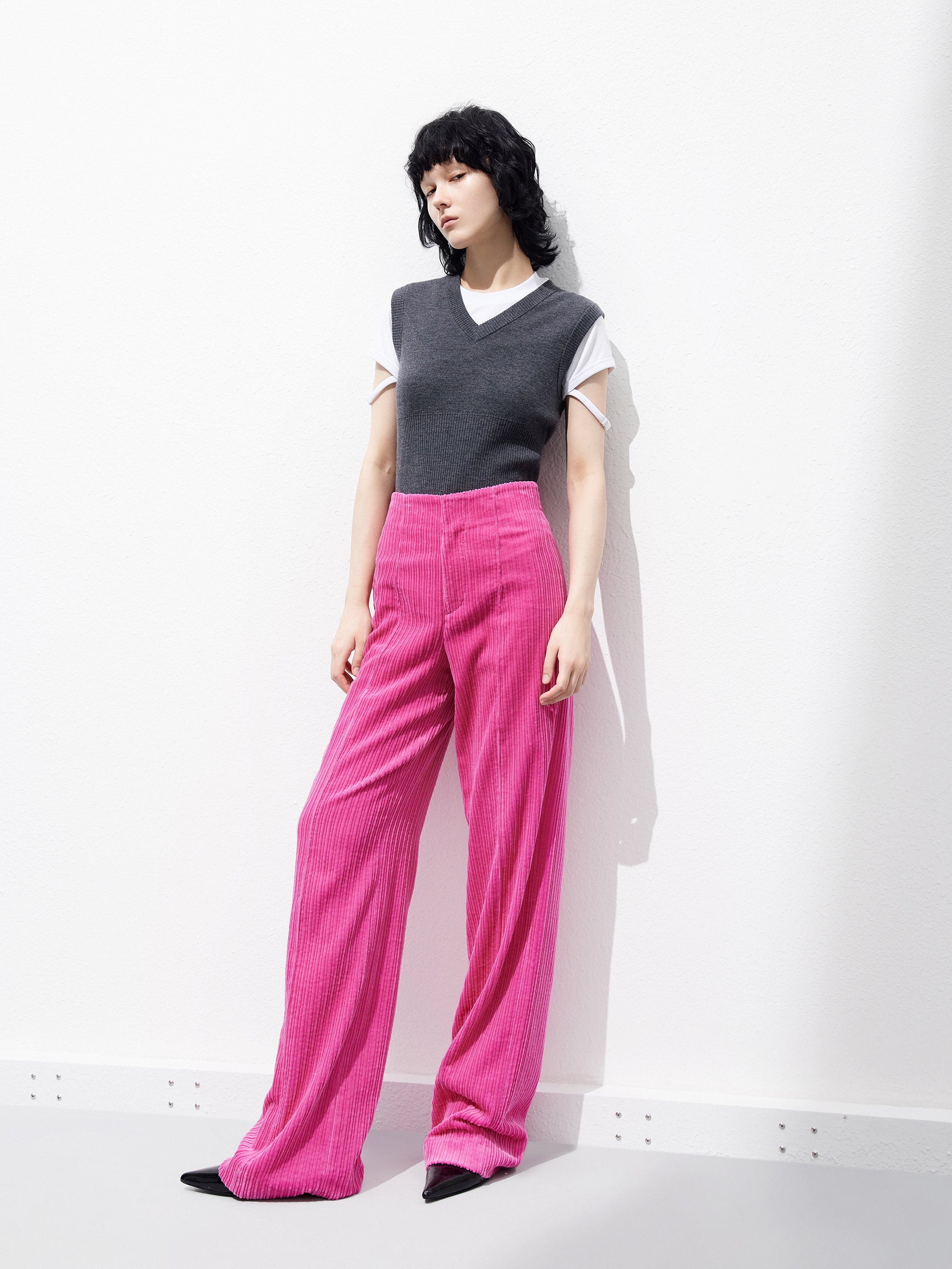 Pink Corduroy Wide-leg Straight Trousers