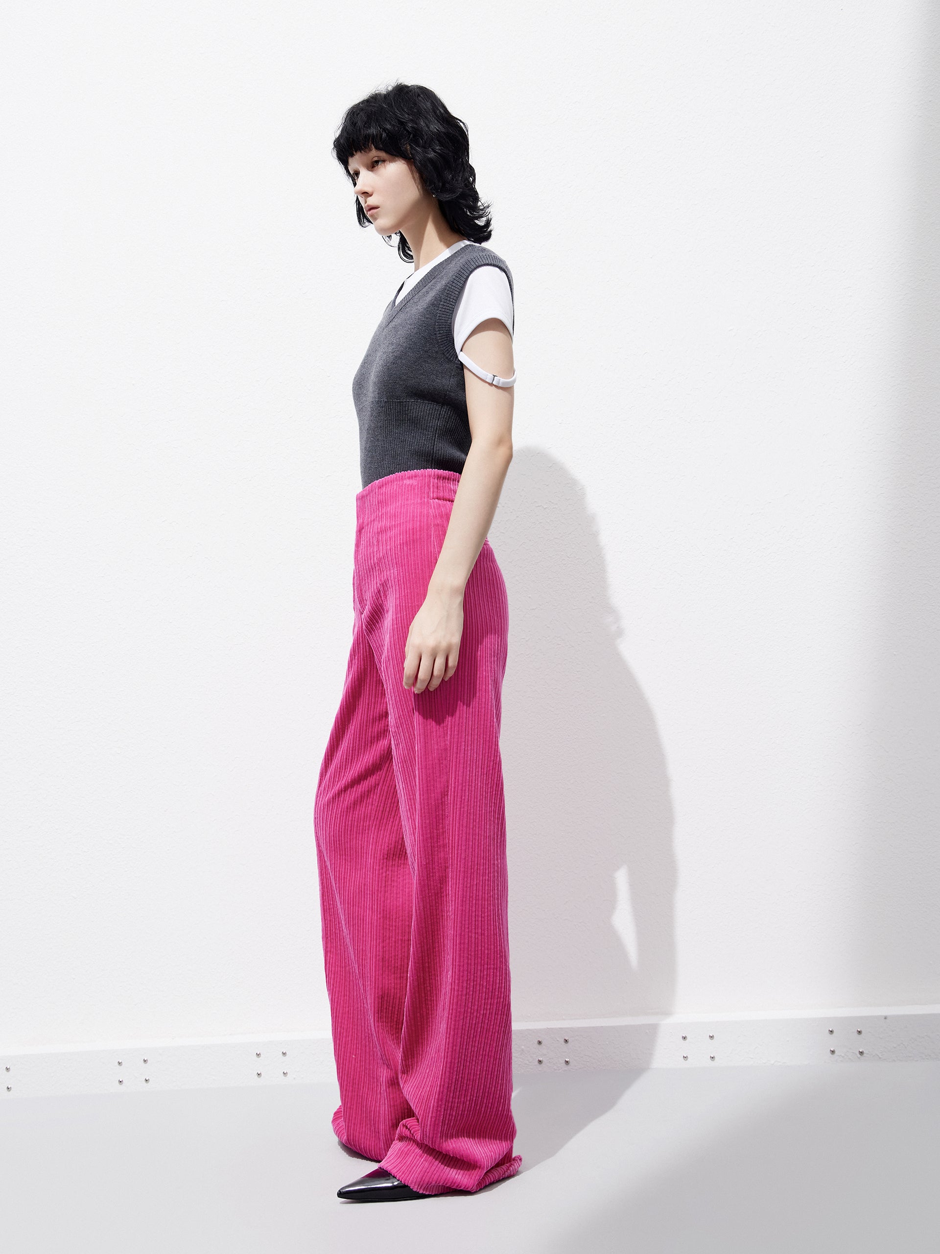 Pink Corduroy Wide-leg Straight Trousers