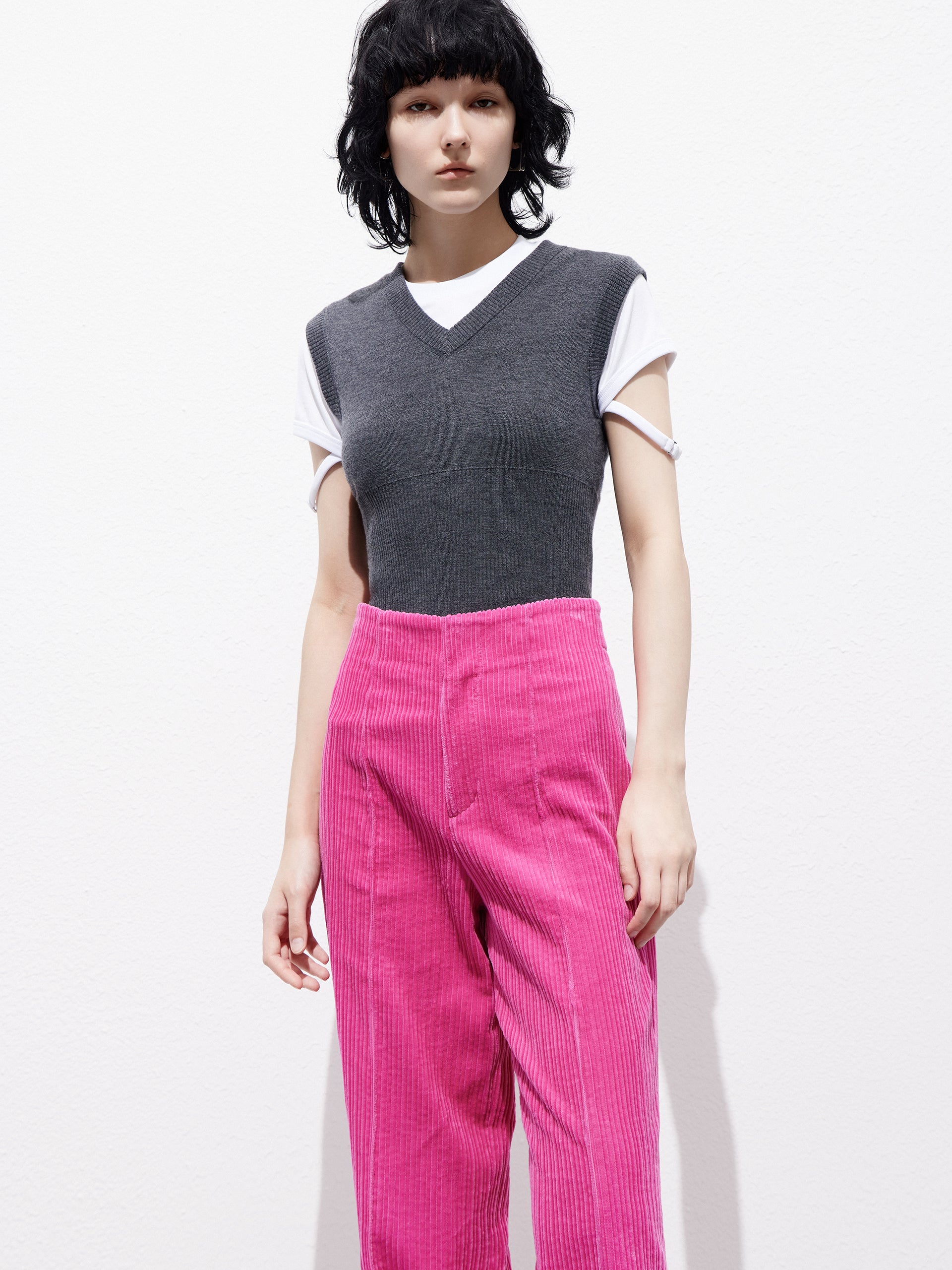 Pink Corduroy Wide-leg Straight Trousers