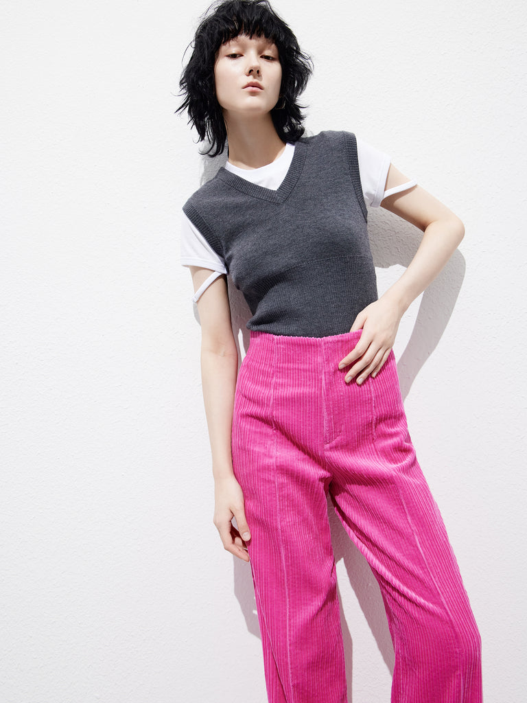 Pink Corduroy Wide-leg Straight Trousers