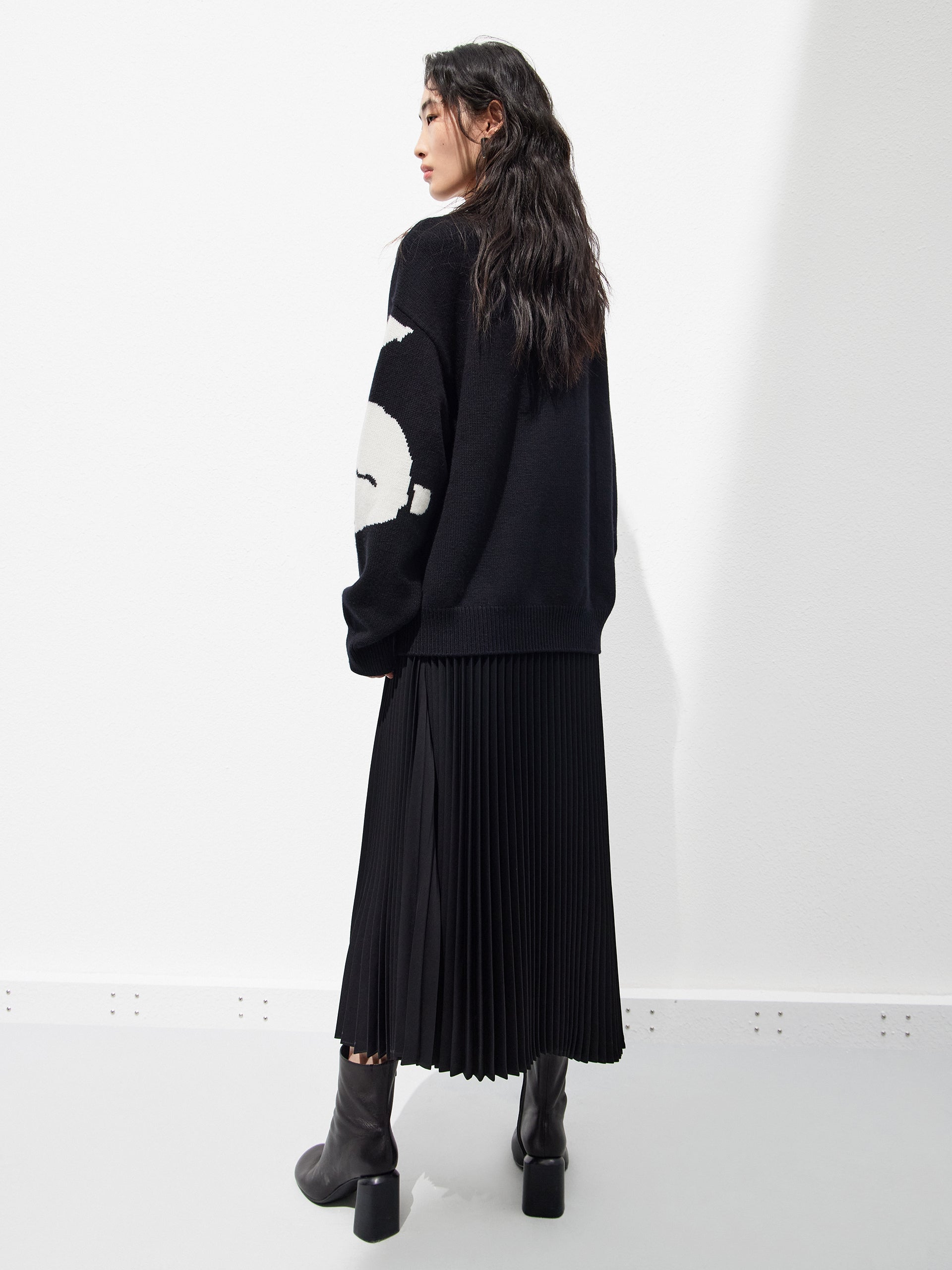 Asymmetric Pleated Black Midi Skirt