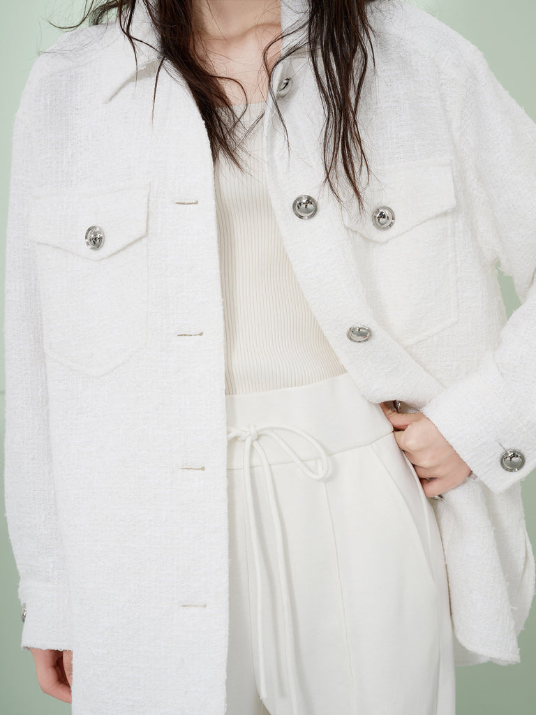 Cotton Blend Tweed White Overshirt Jacket