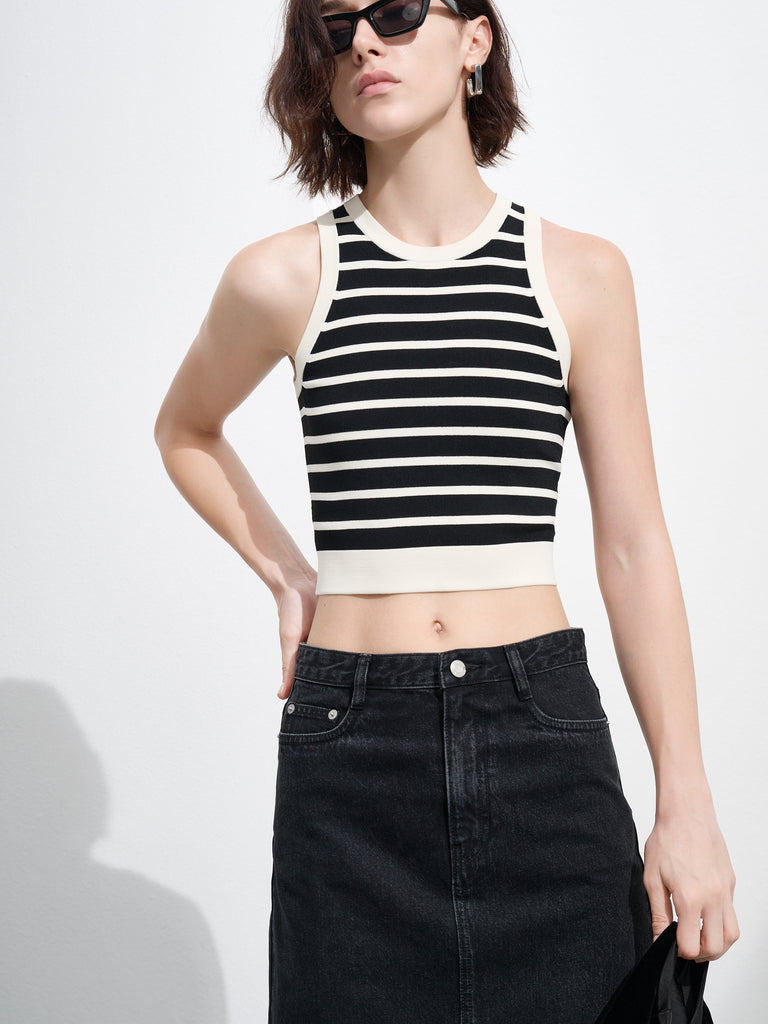 Black Striped Cropped Causal Knitted Tank Top