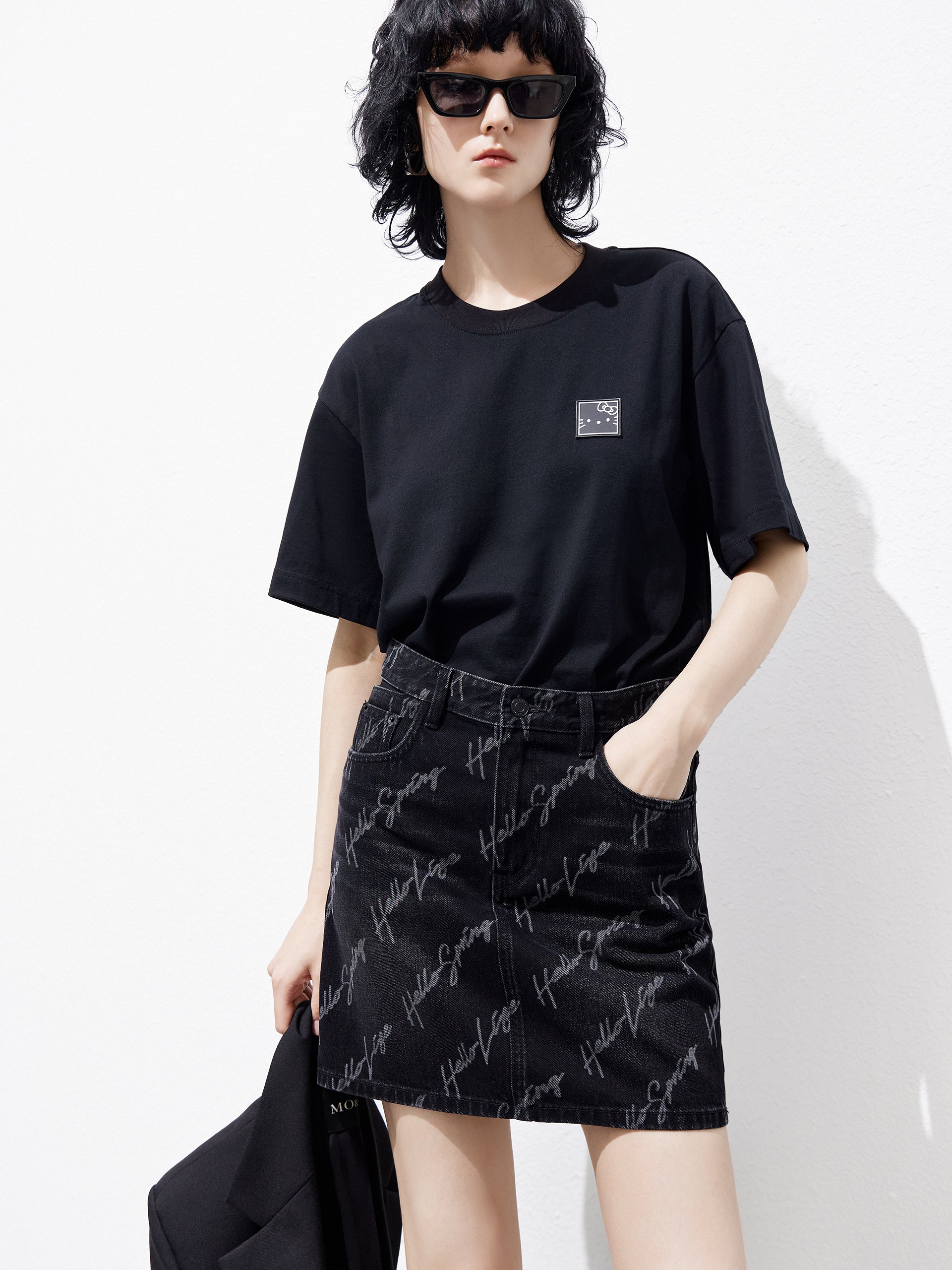 Deconstruct Cut-out Waistband Letter Print Black Mini Denim Skirt