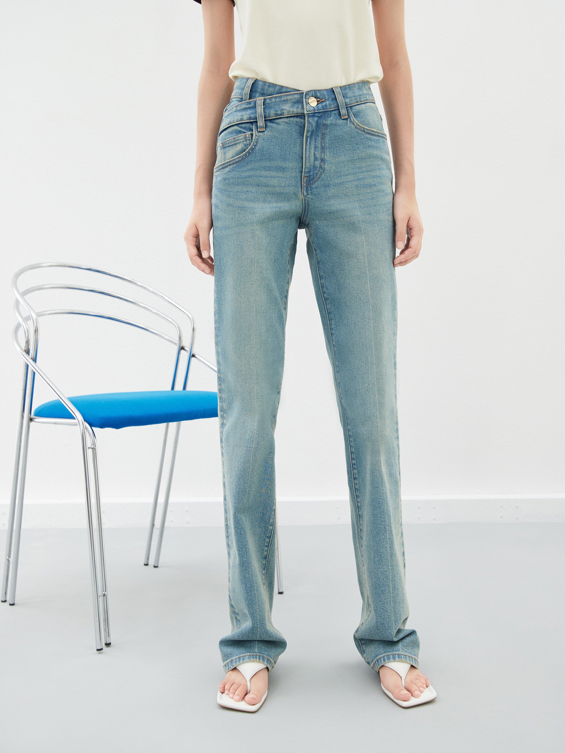 Straight Leg Asymmetric Waistband Denim Jean