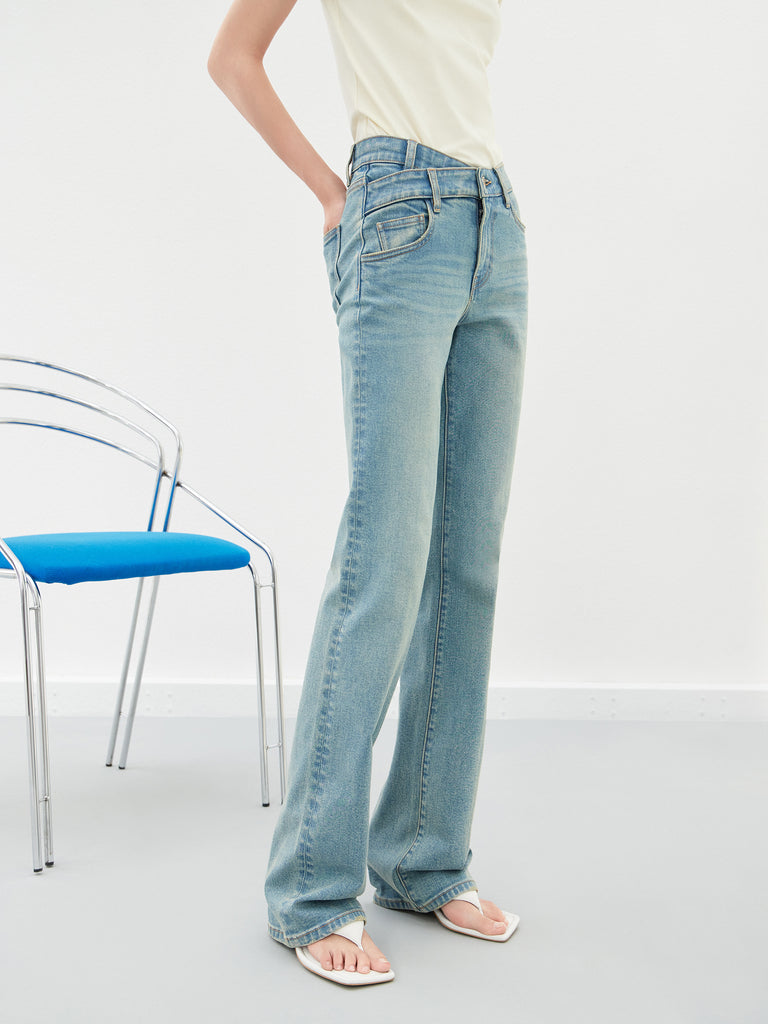 Straight Leg Asymmetric Waistband Denim Jean