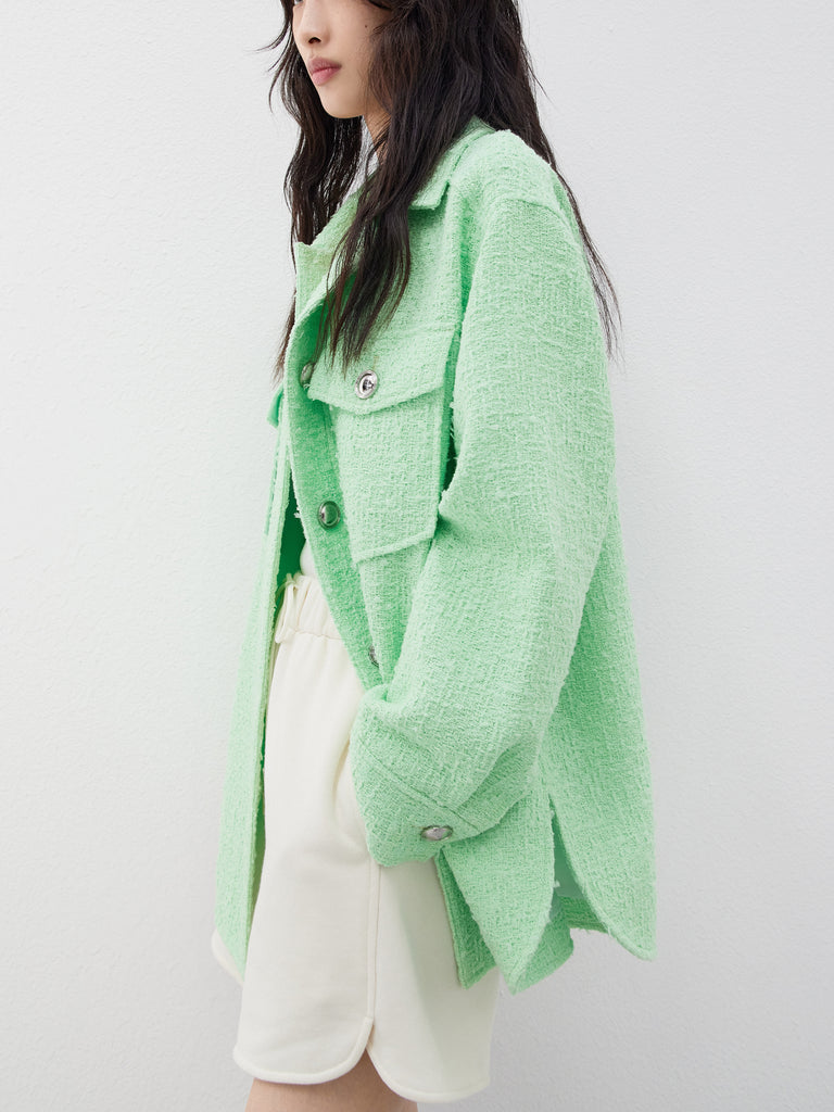 Cotton Blend Tweed Green Overshirt Jacket