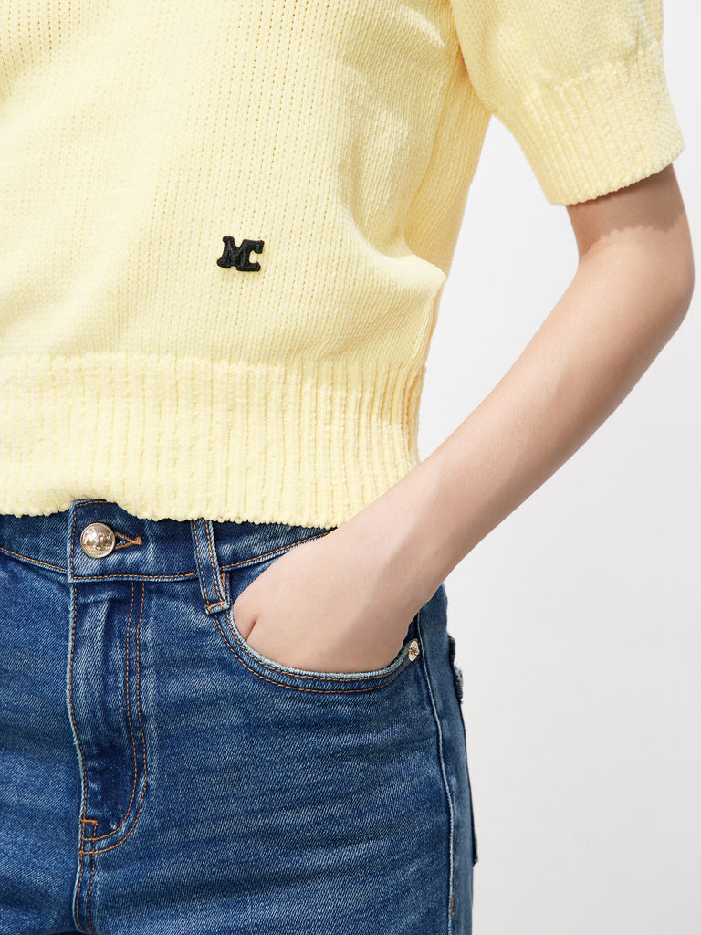 Embroidered Logo Crewneck Yellow Sweater Top