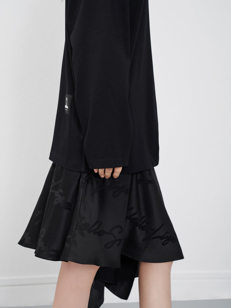 Asymmetric Jacquard Black Midi Skirt