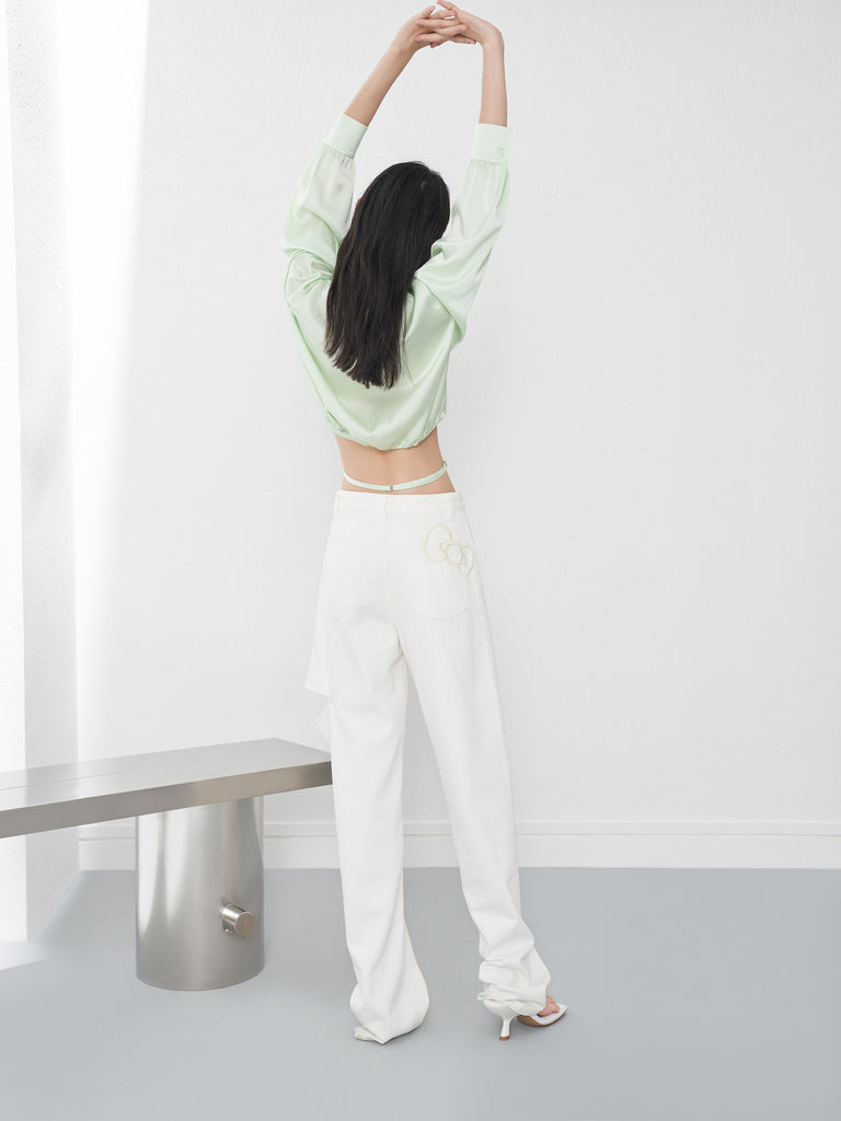 Cut-out Details Straight Leg White Jeans