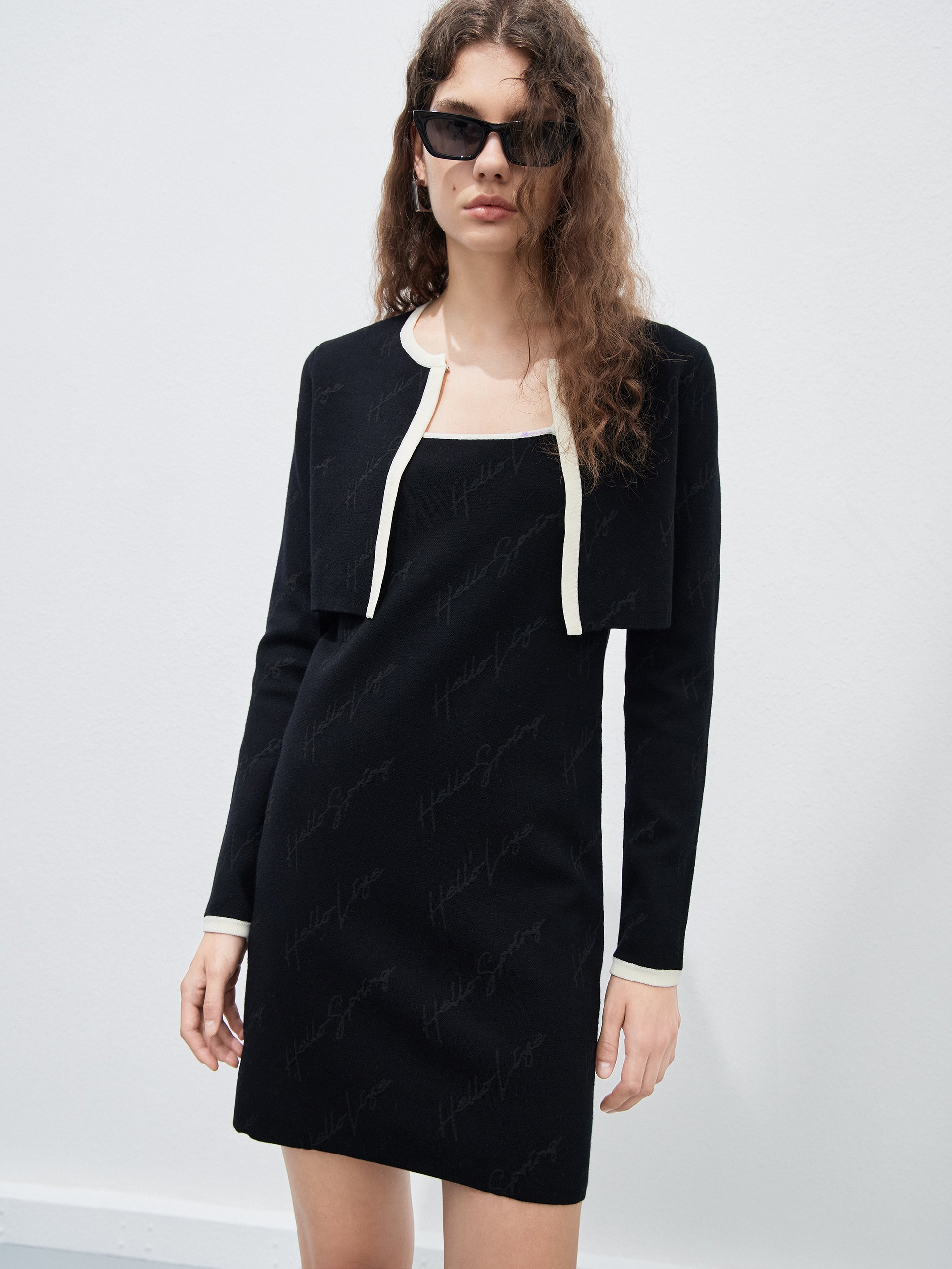 Two Piece Letter Jacquard Black Mini Dress with Cardigan