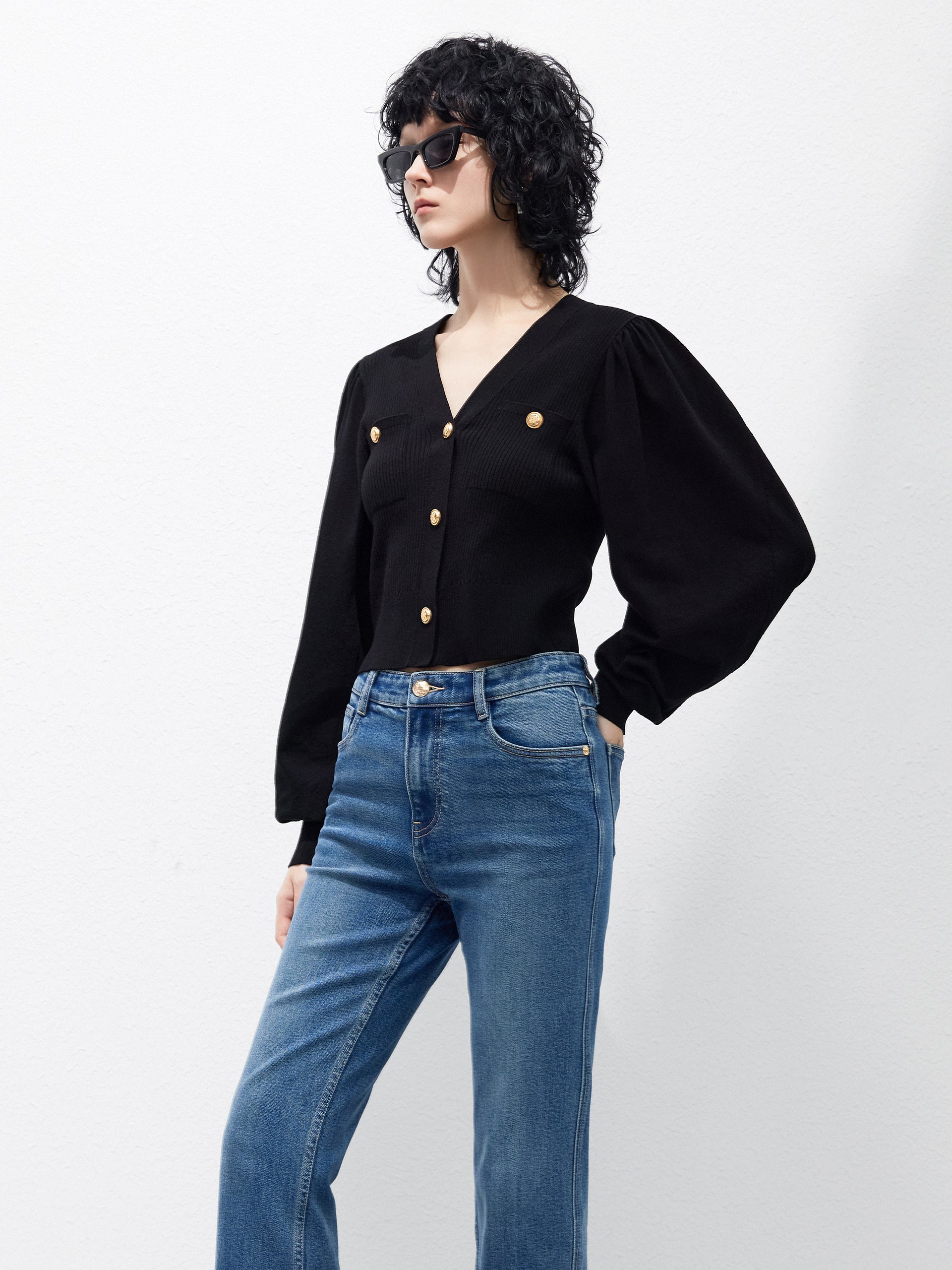 Puff Sleeves Ribbed Black Knit Cardigan