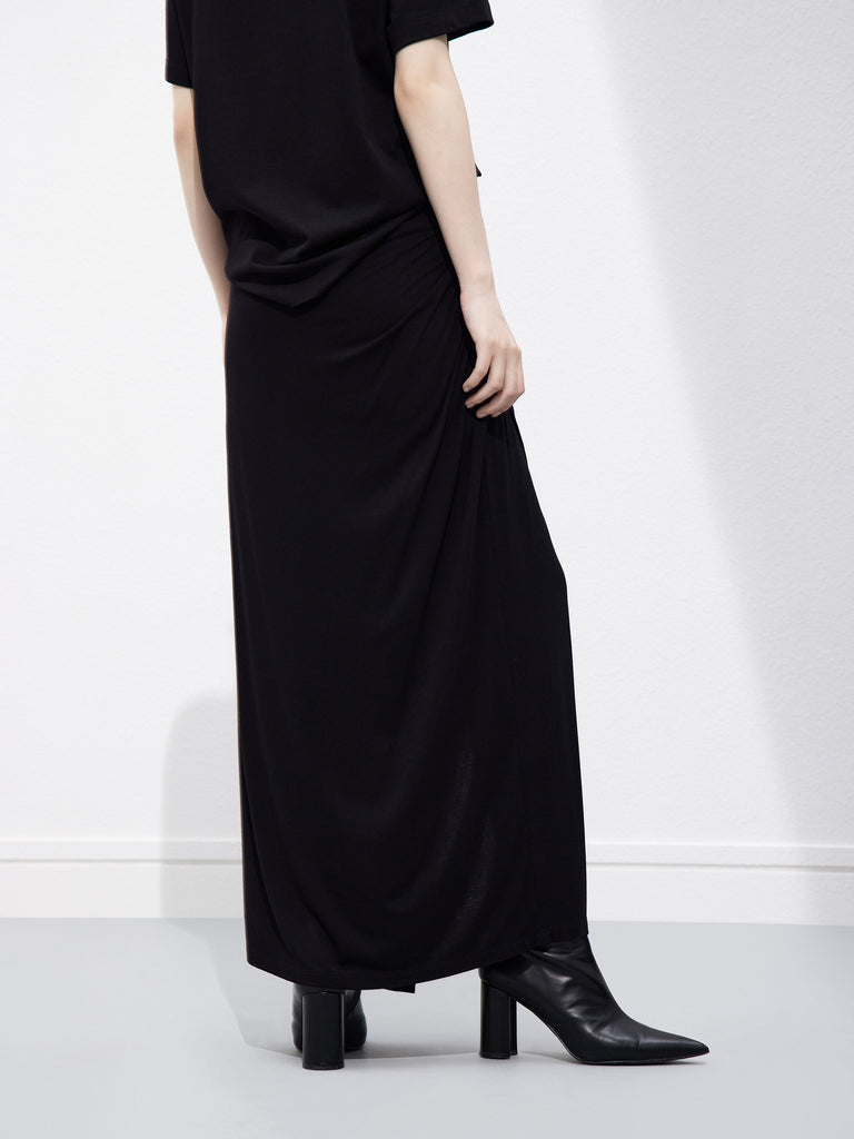 Ruched Slit Black Midi Skirt 