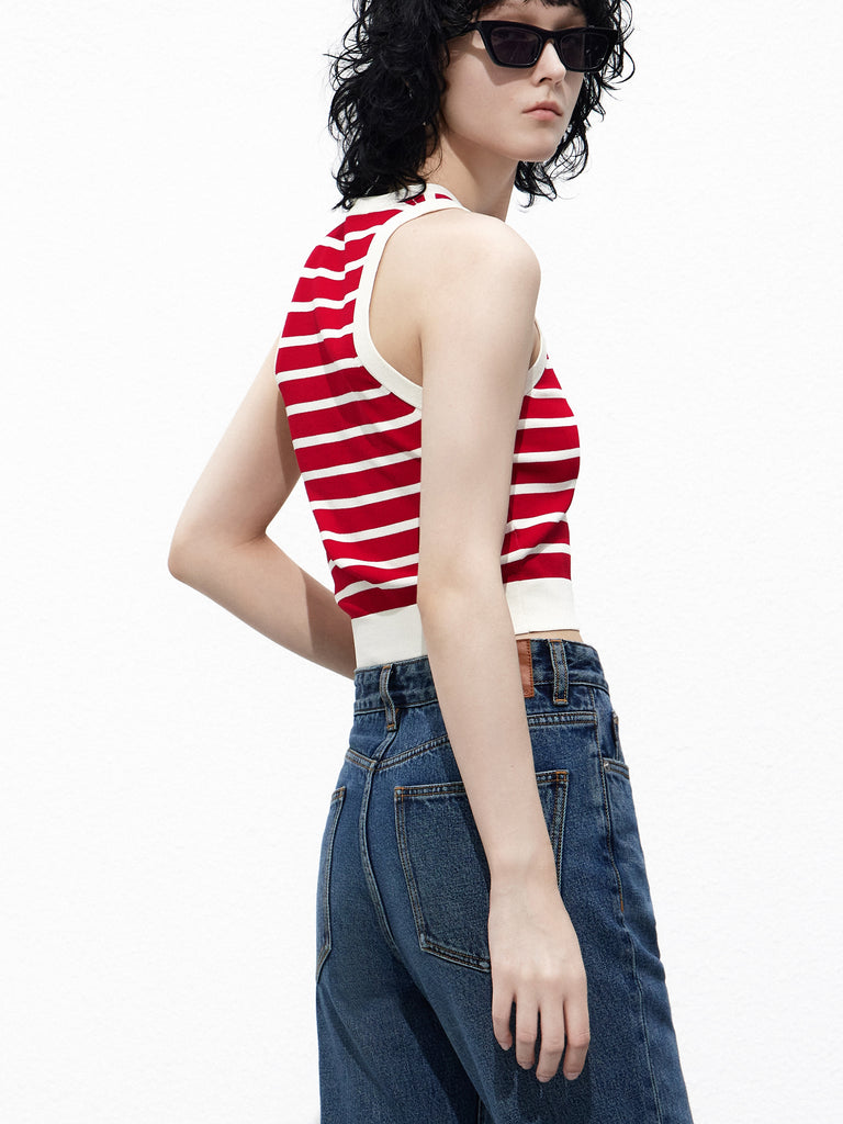 Red Striped Cropped Causal Knitted Tank Top