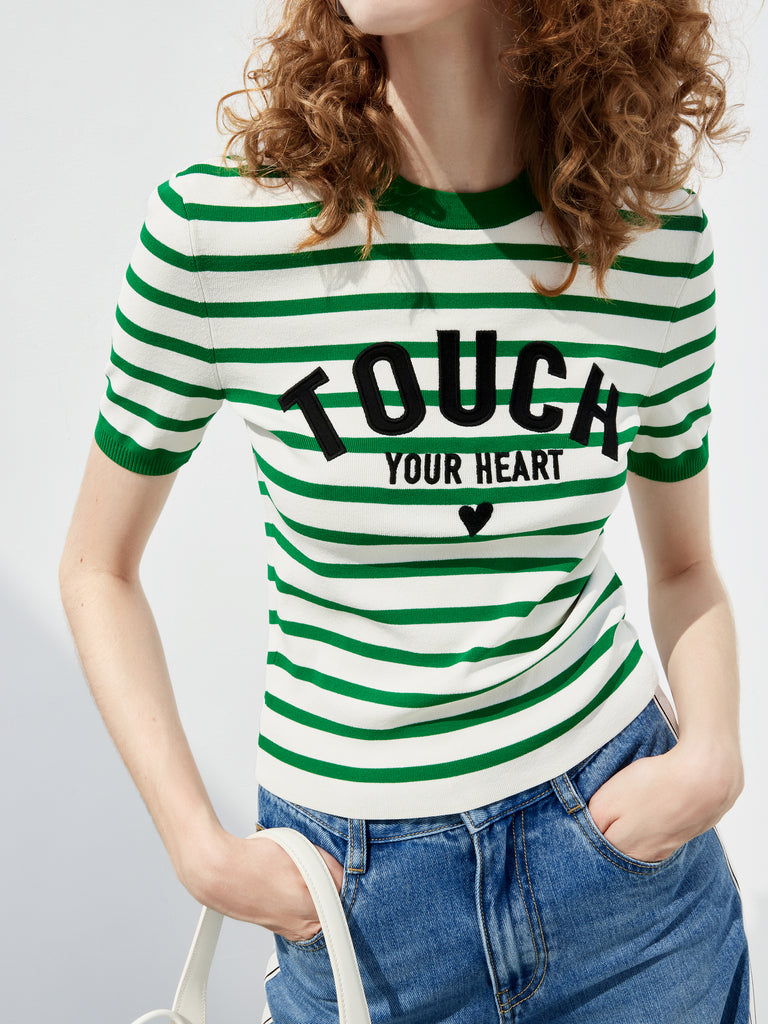 Embroidered Knitted Striped Cropped Green Top