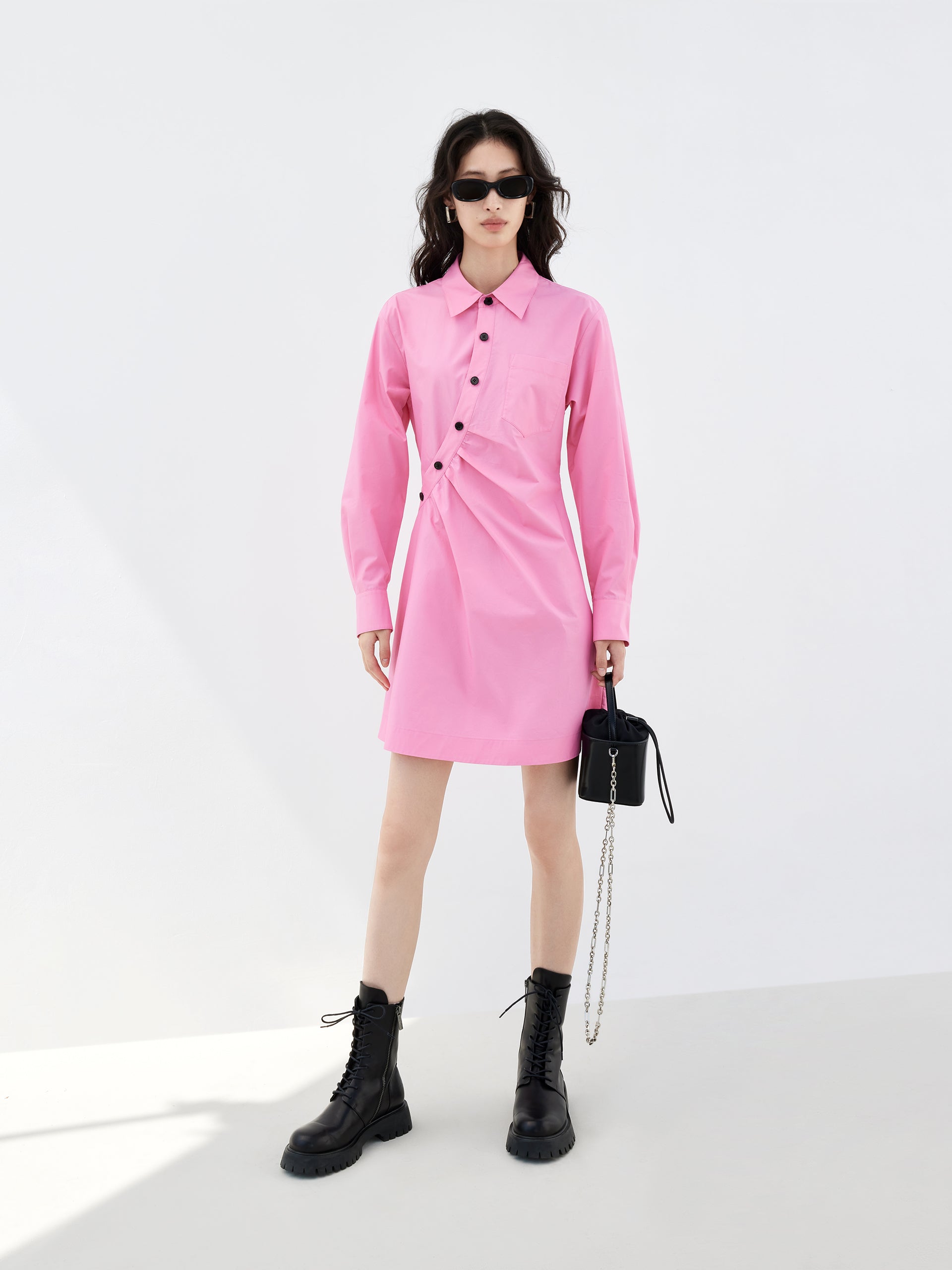 Slanted Placket Pink Mini Shirt Dress