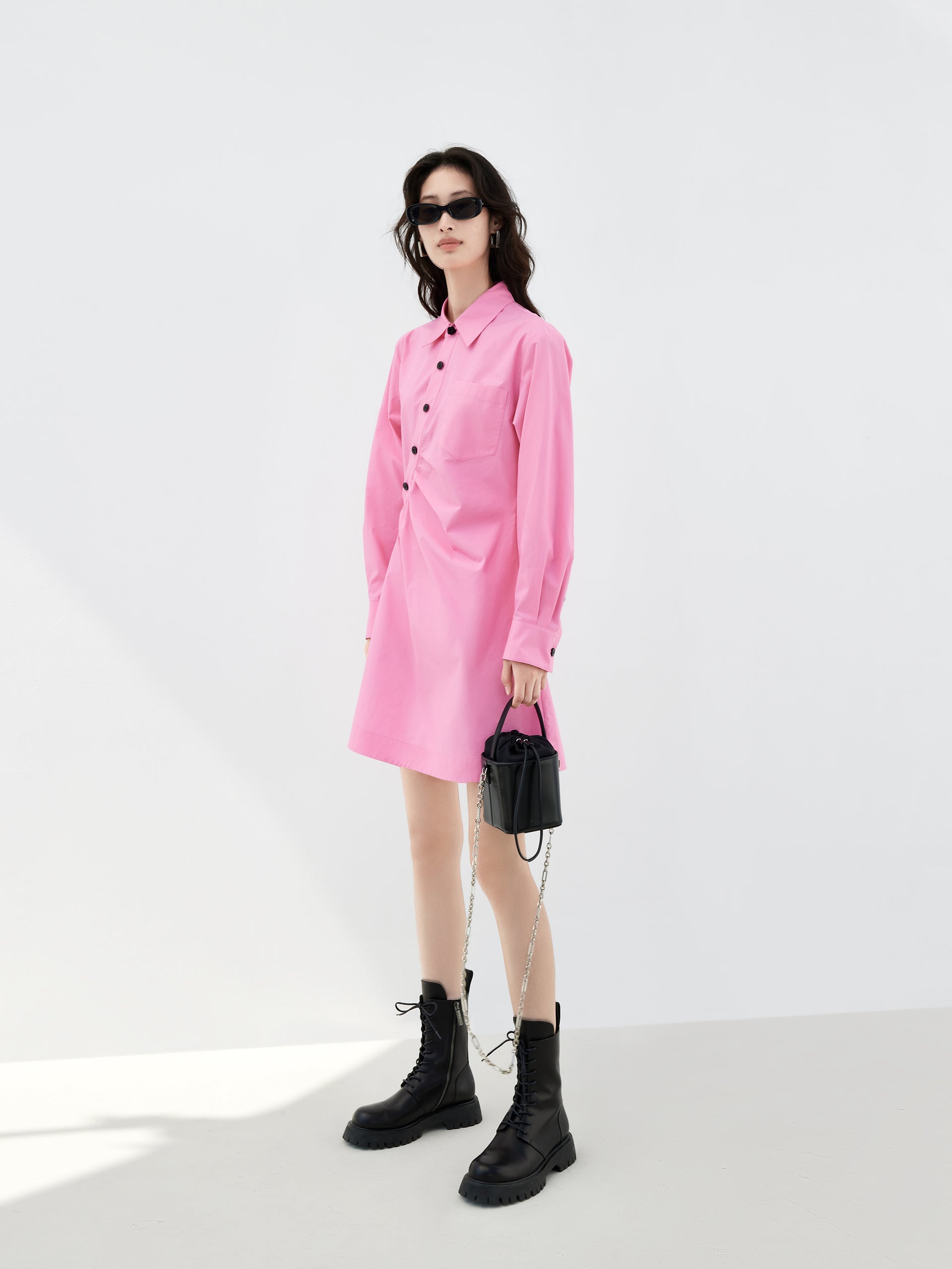 Slanted Placket Pink Mini Shirt Dress