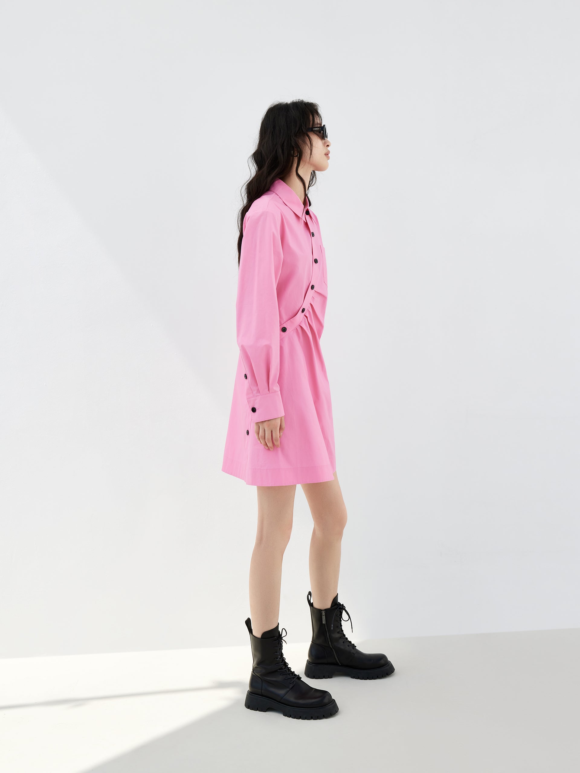 Slanted Placket Pink Mini Shirt Dress