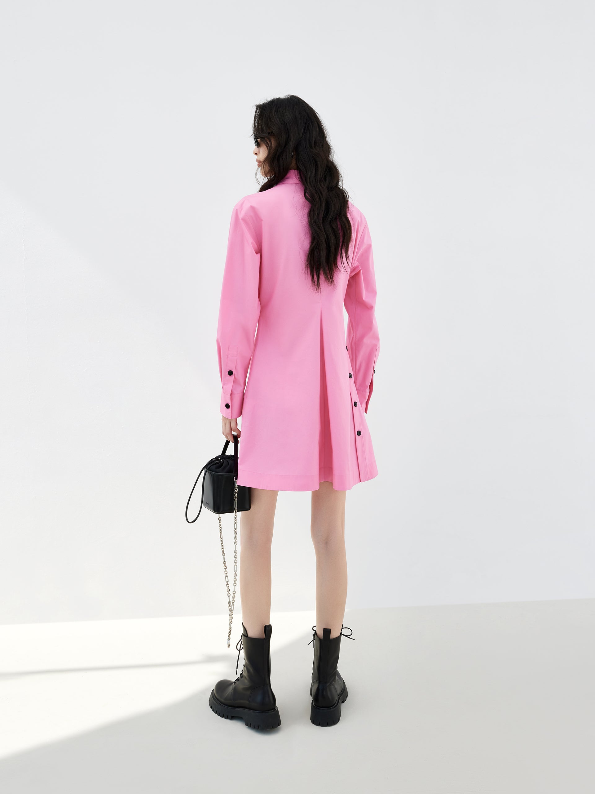 Slanted Placket Pink Mini Shirt Dress