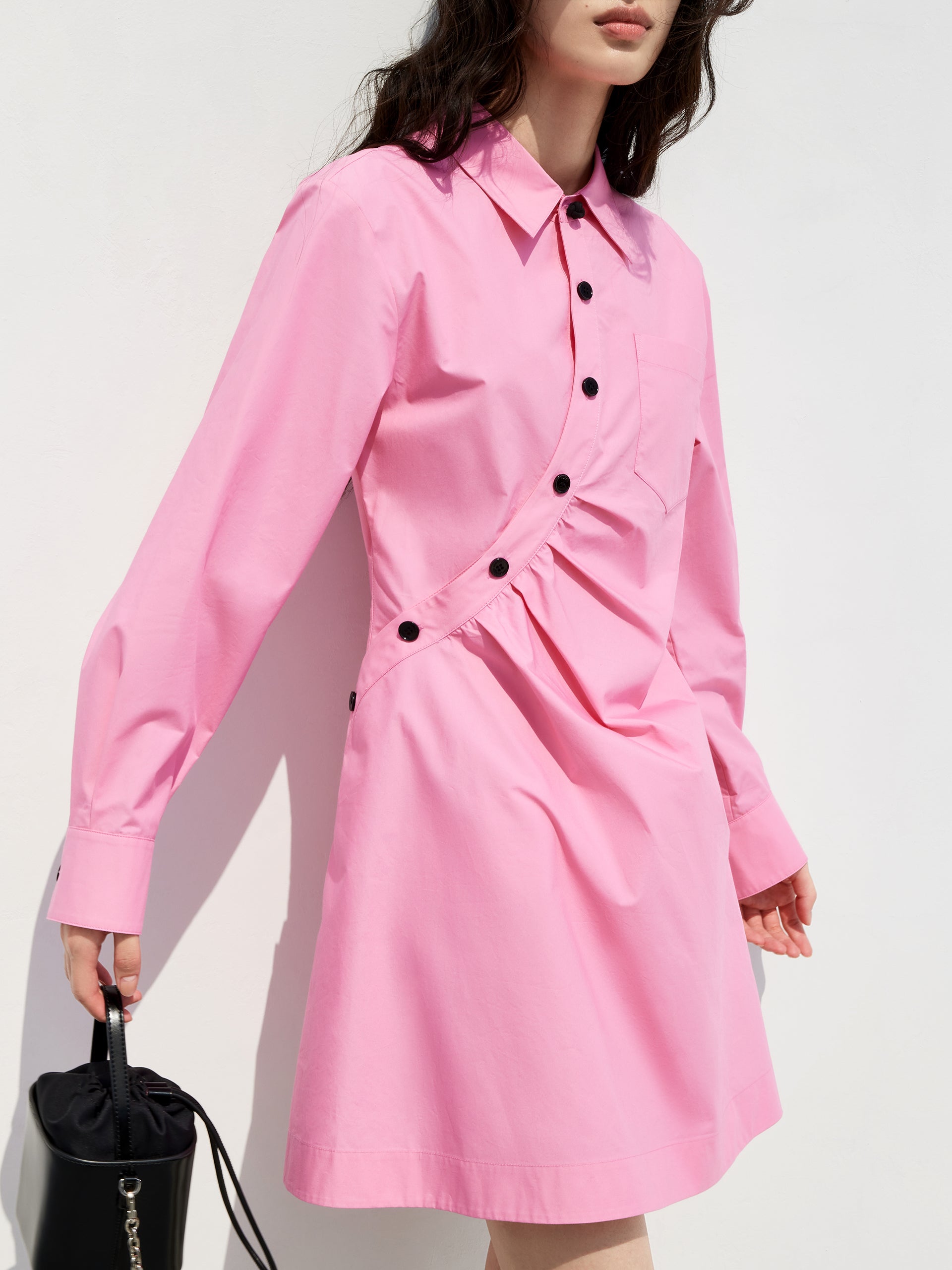 Slanted Placket Pink Mini Shirt Dress