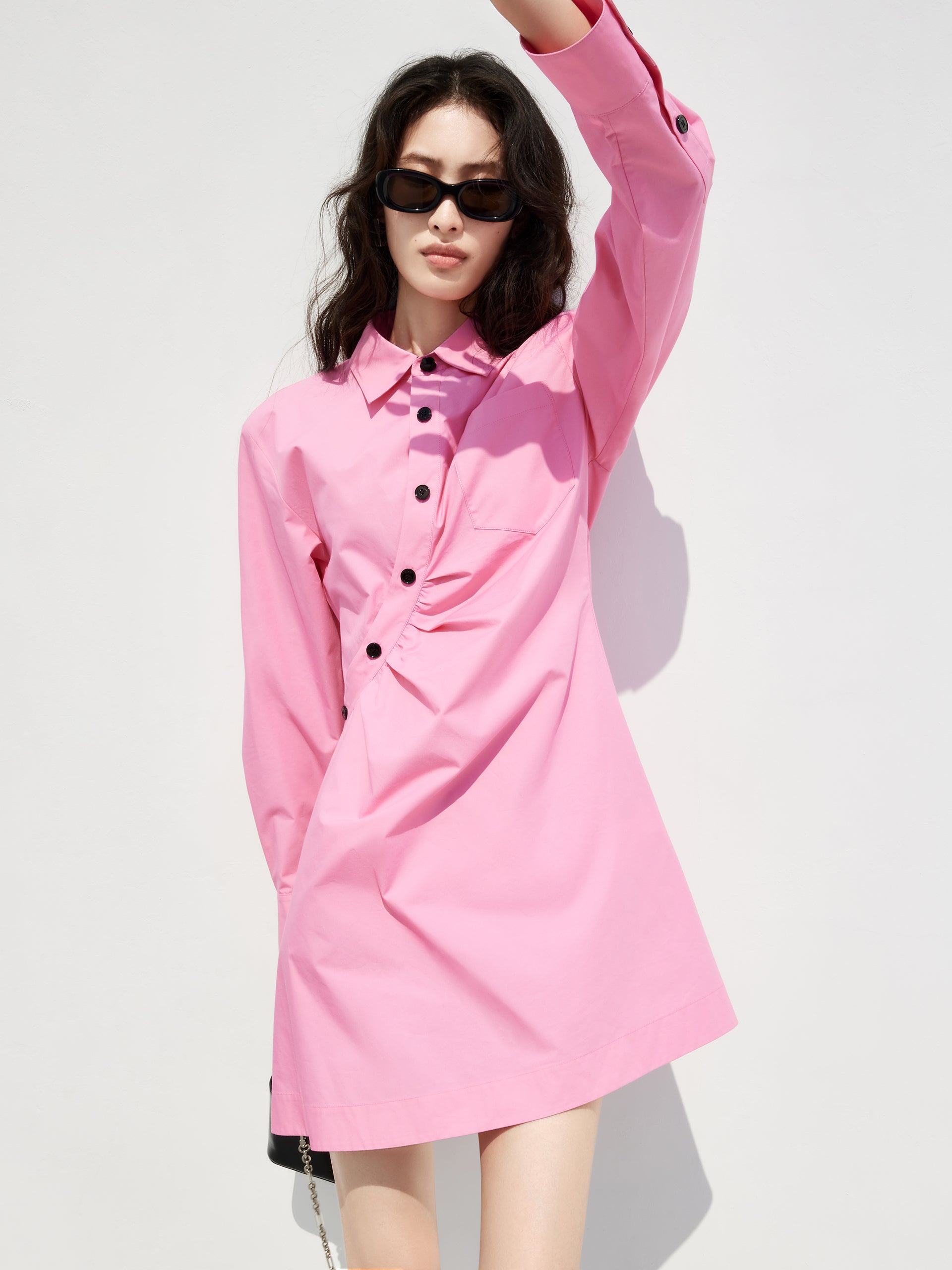 Slanted Placket Pink Mini Shirt Dress