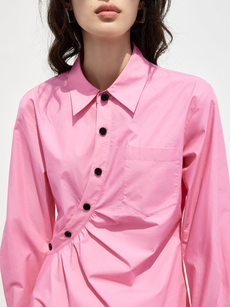 Slanted Placket Pink Mini Shirt Dress
