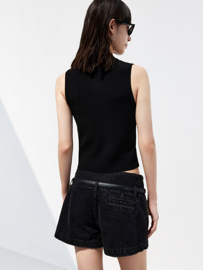 Black Contrast Sleeveless Casual Knitted Top