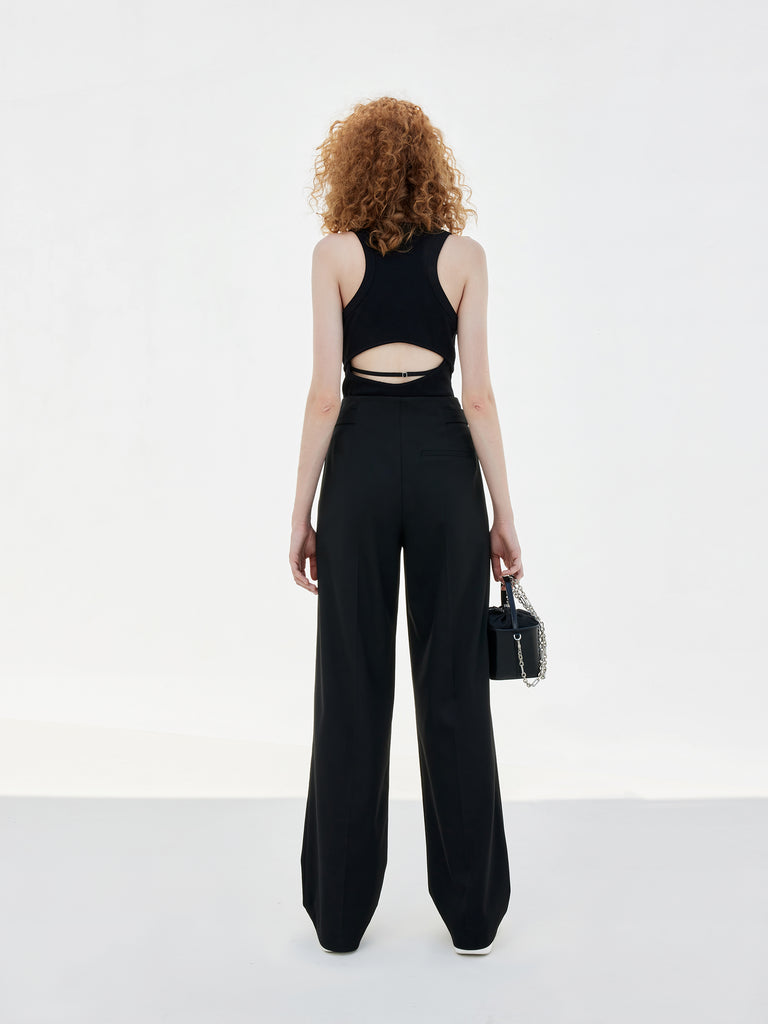 Metal Waistband Front pleated Black Suit Pants