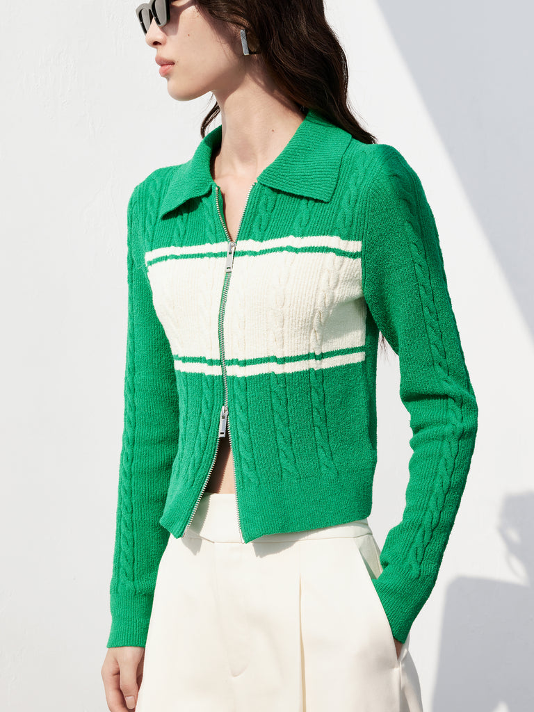Green Two Way Zip Knitted Cotton-blend Collared Cardigan