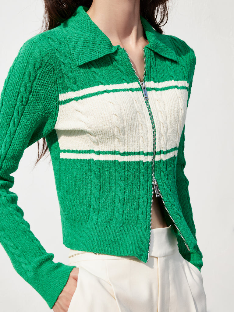 Green Two Way Zip Knitted Cotton-blend Collared Cardigan