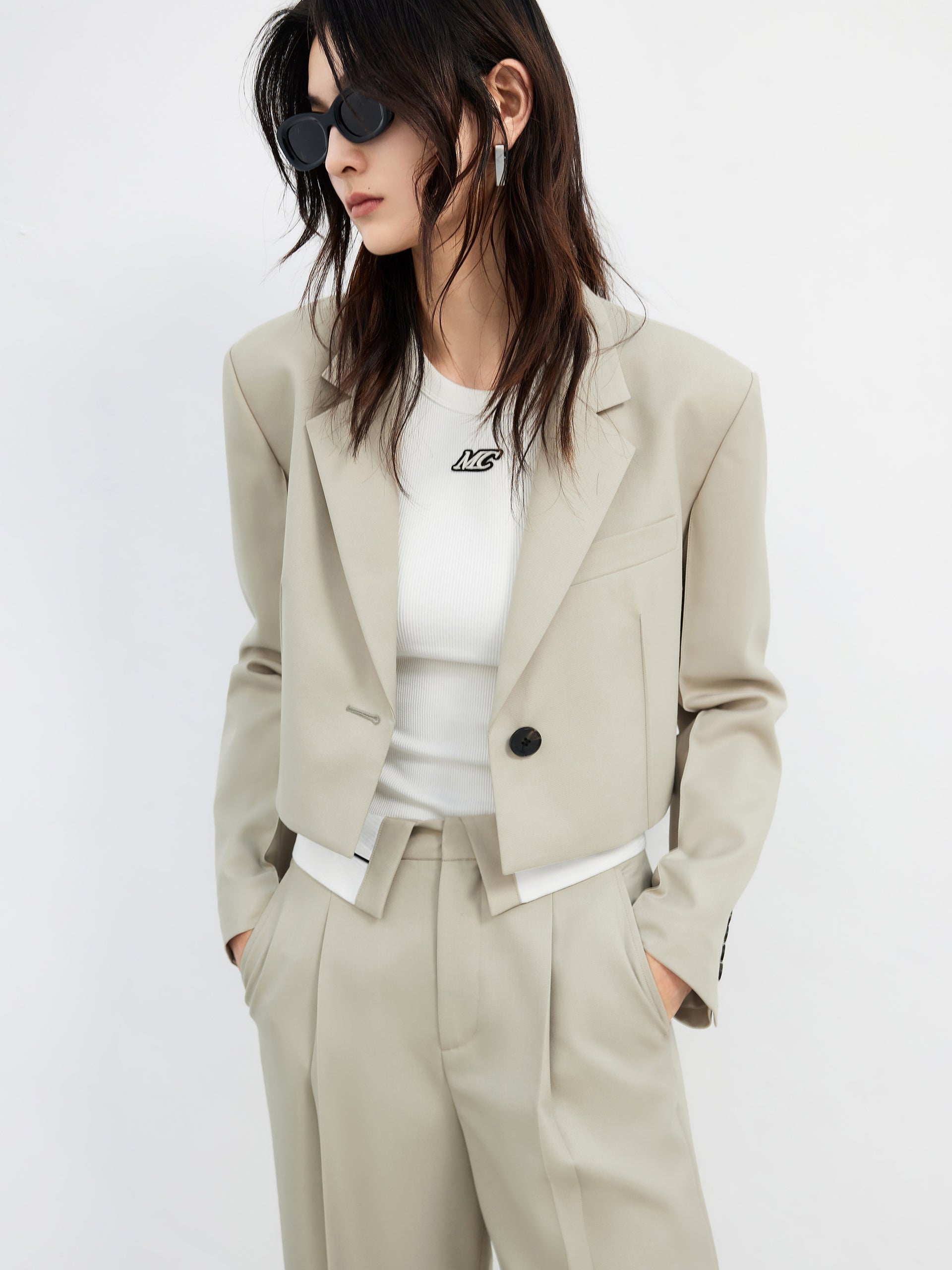 Carmel Cropped Wool Blend Suit Blazer