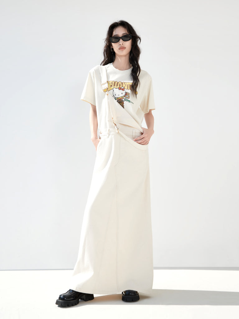 Back Slit Cotton Dress with Straps White Denim Maxi Overall Skirt