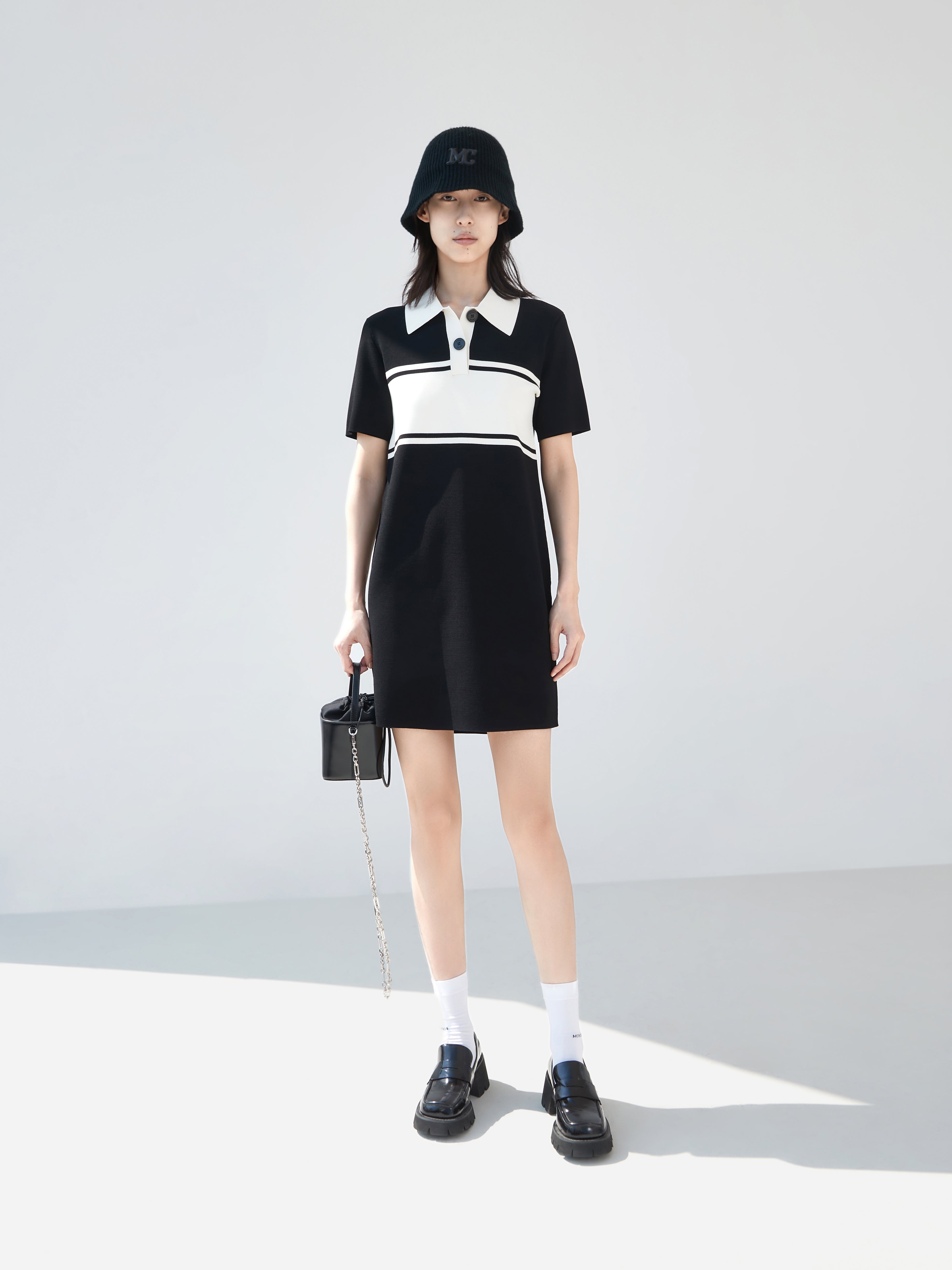 Black Polo Collar Contrasted Shift Mini Dress