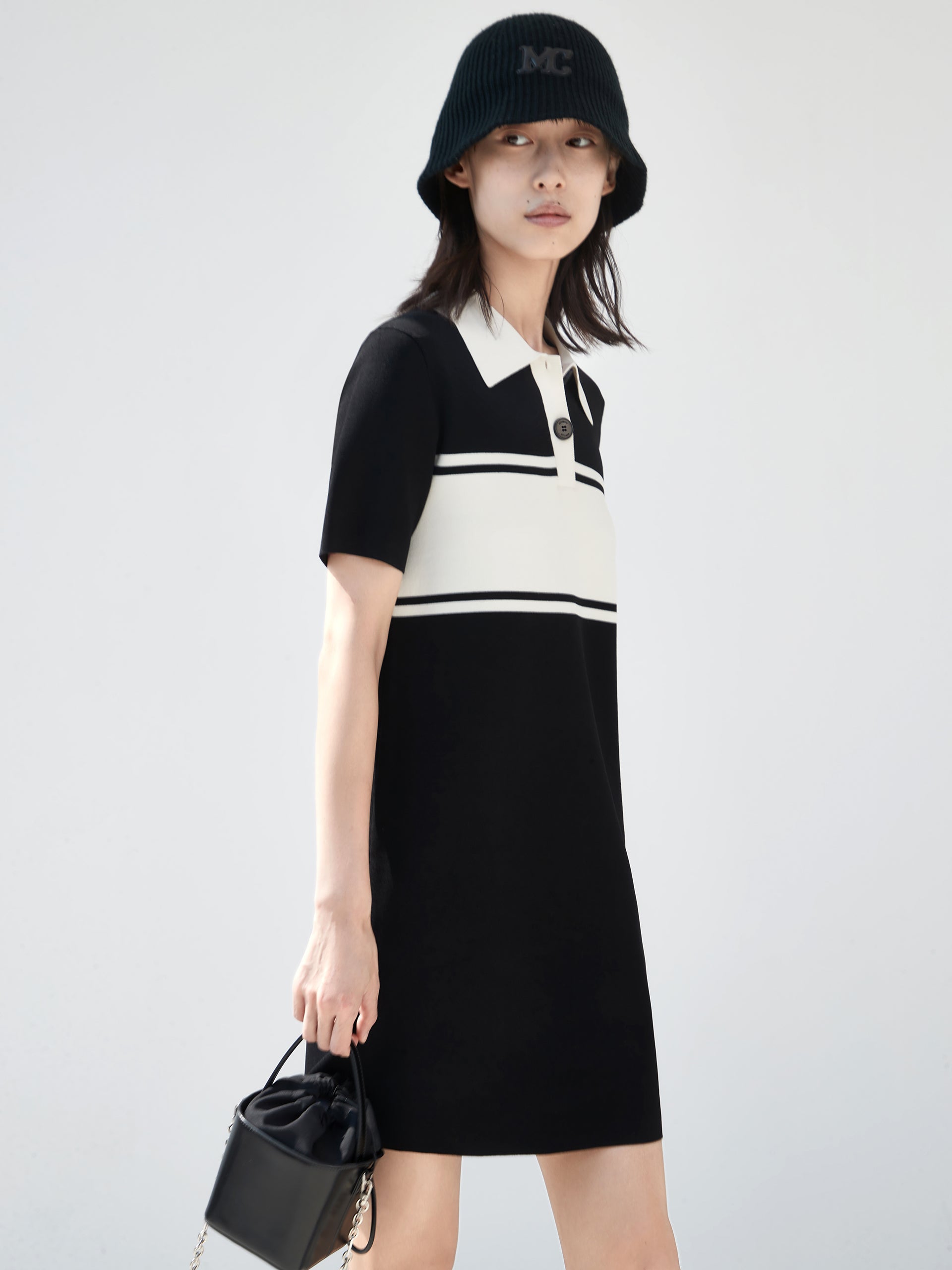 Black Polo Collar Contrasted Shift Mini Dress